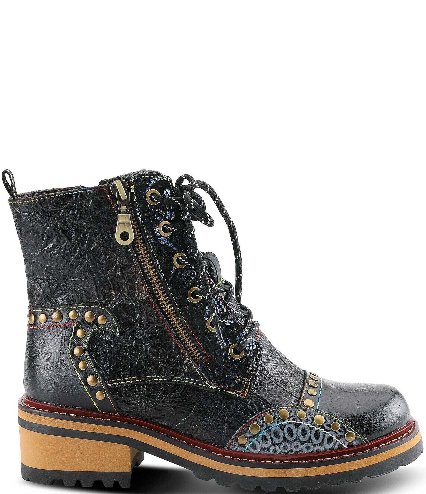 L'ARTISTE Rugup Leather and Textile Studded Faux Fur Lined Booties