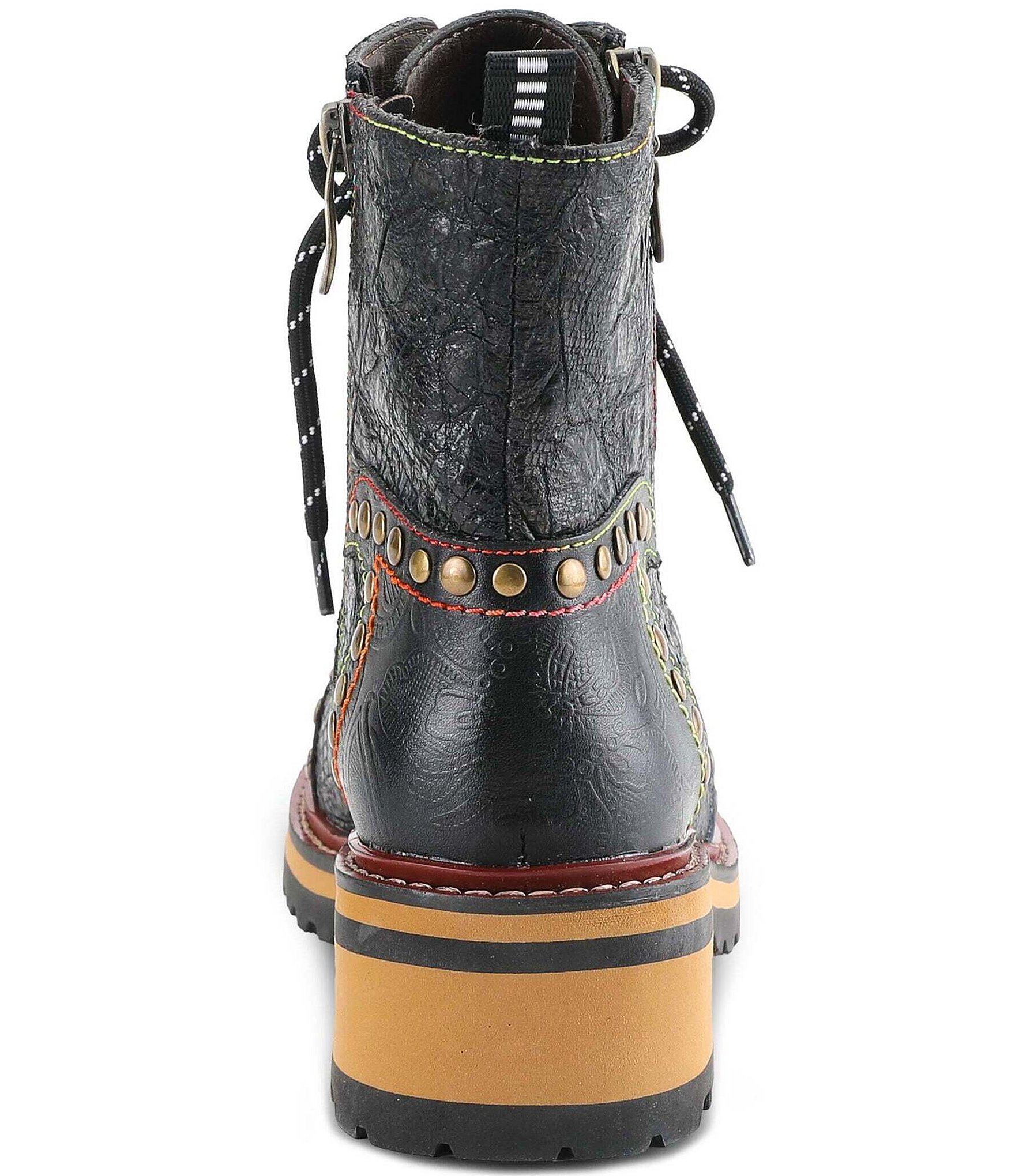 L'ARTISTE Rugup Leather and Textile Studded Faux Fur Lined Booties