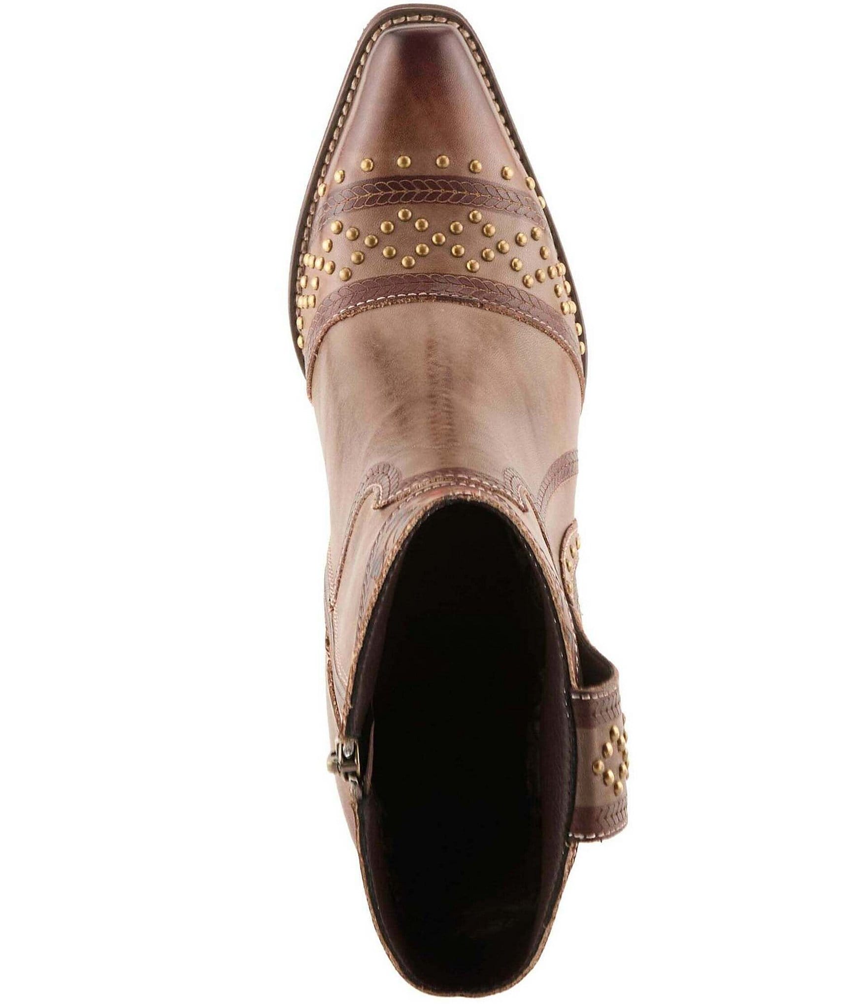 L'ARTISTE Saddleup Leather Western Inspired Studded Mid Calf Boots