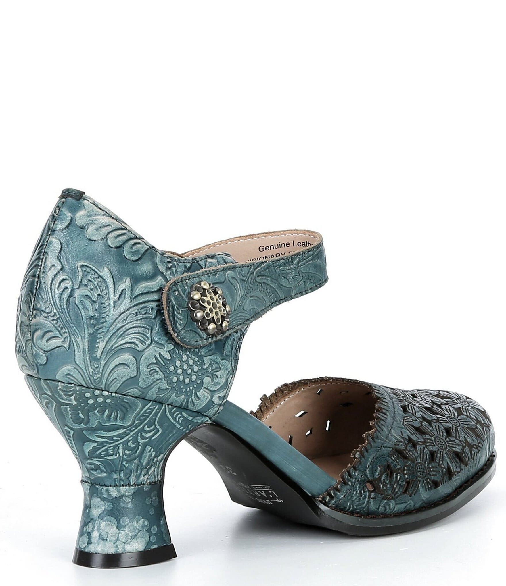 L'ARTISTE Visionary Embossed Laser Cut Leather Ankle Strap Pumps