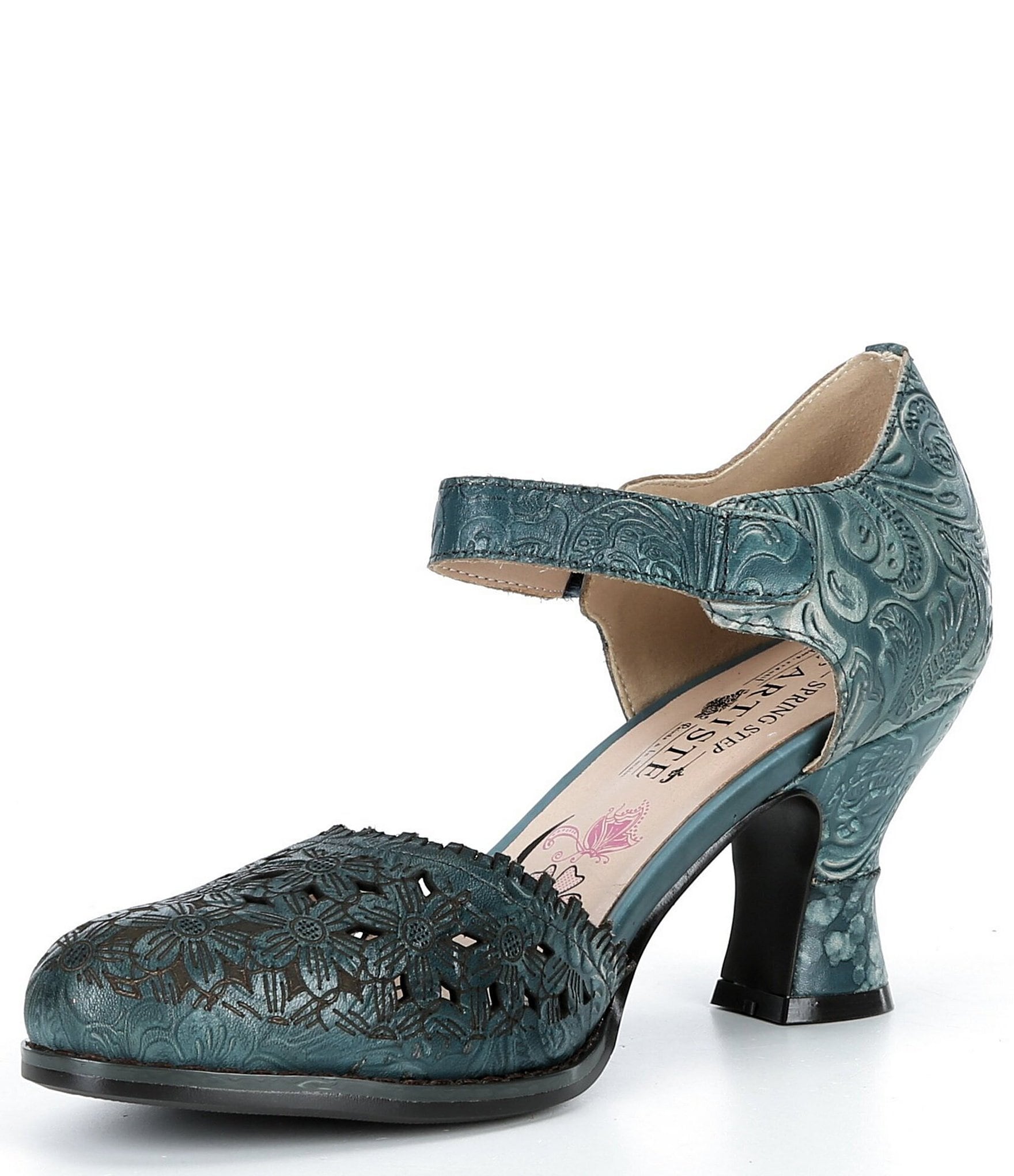 L'ARTISTE Visionary Embossed Laser Cut Leather Ankle Strap Pumps