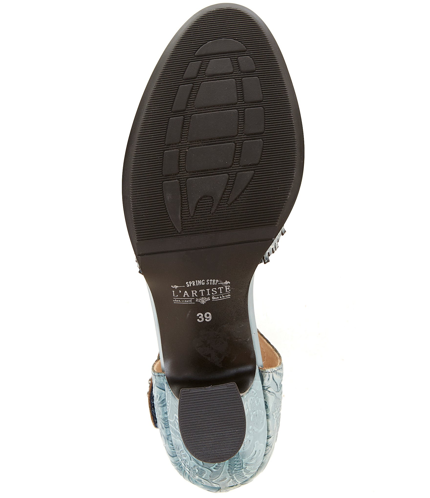 L'ARTISTE Visionary Embossed Laser Cut Leather Ankle Strap Pumps