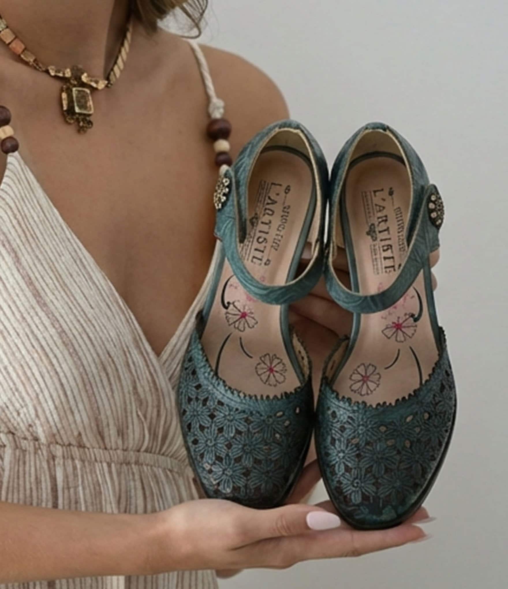 L'ARTISTE Visionary Embossed Laser Cut Leather Ankle Strap Pumps