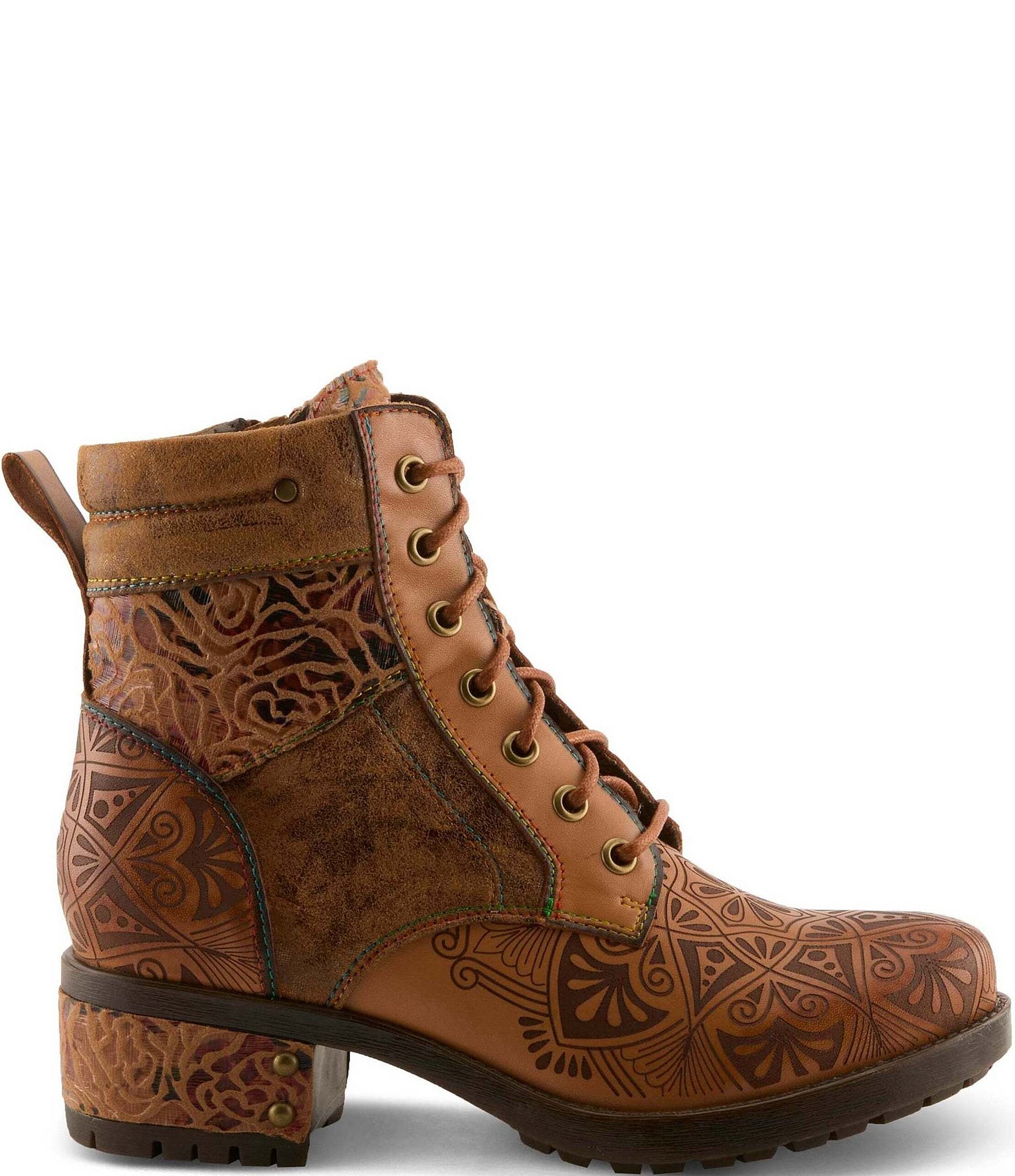 L'ARTISTE Whitefish Leather Embossed Mix Block Heel Booties