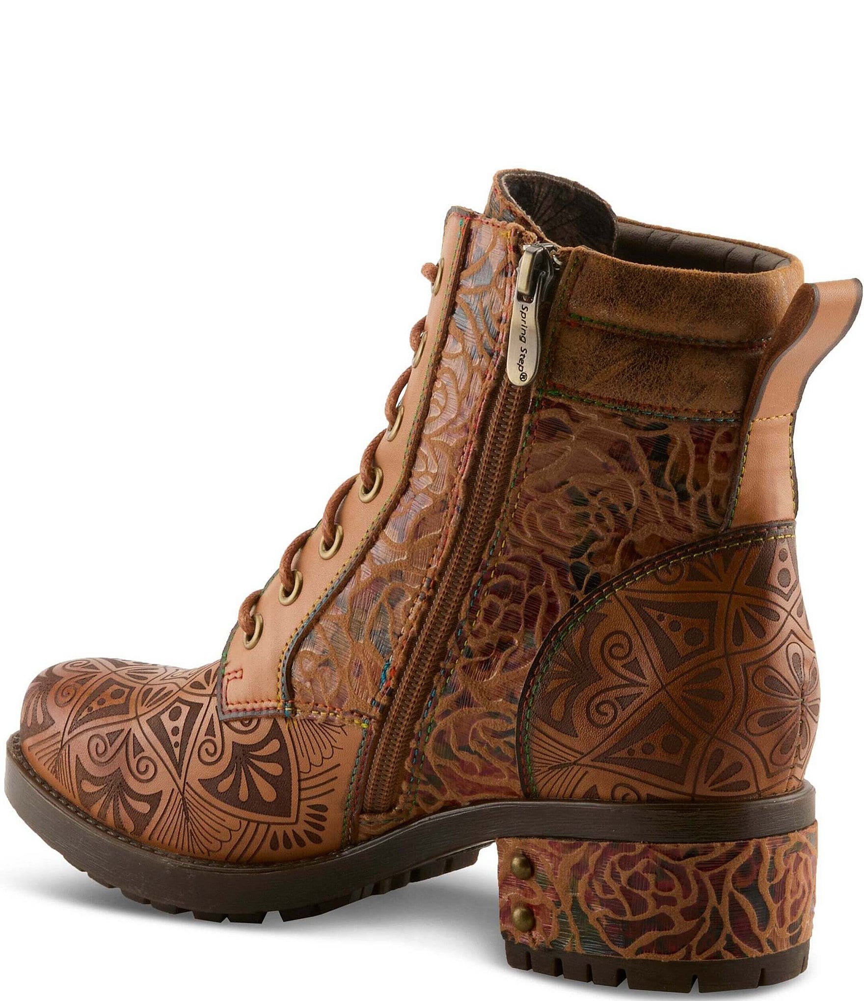 L'ARTISTE Whitefish Leather Embossed Mix Block Heel Booties