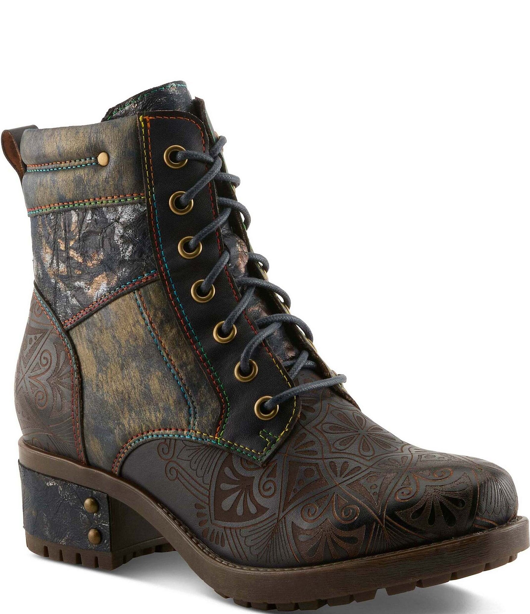 L'ARTISTE Whitefish Leather Embossed Mix Block Heel Booties