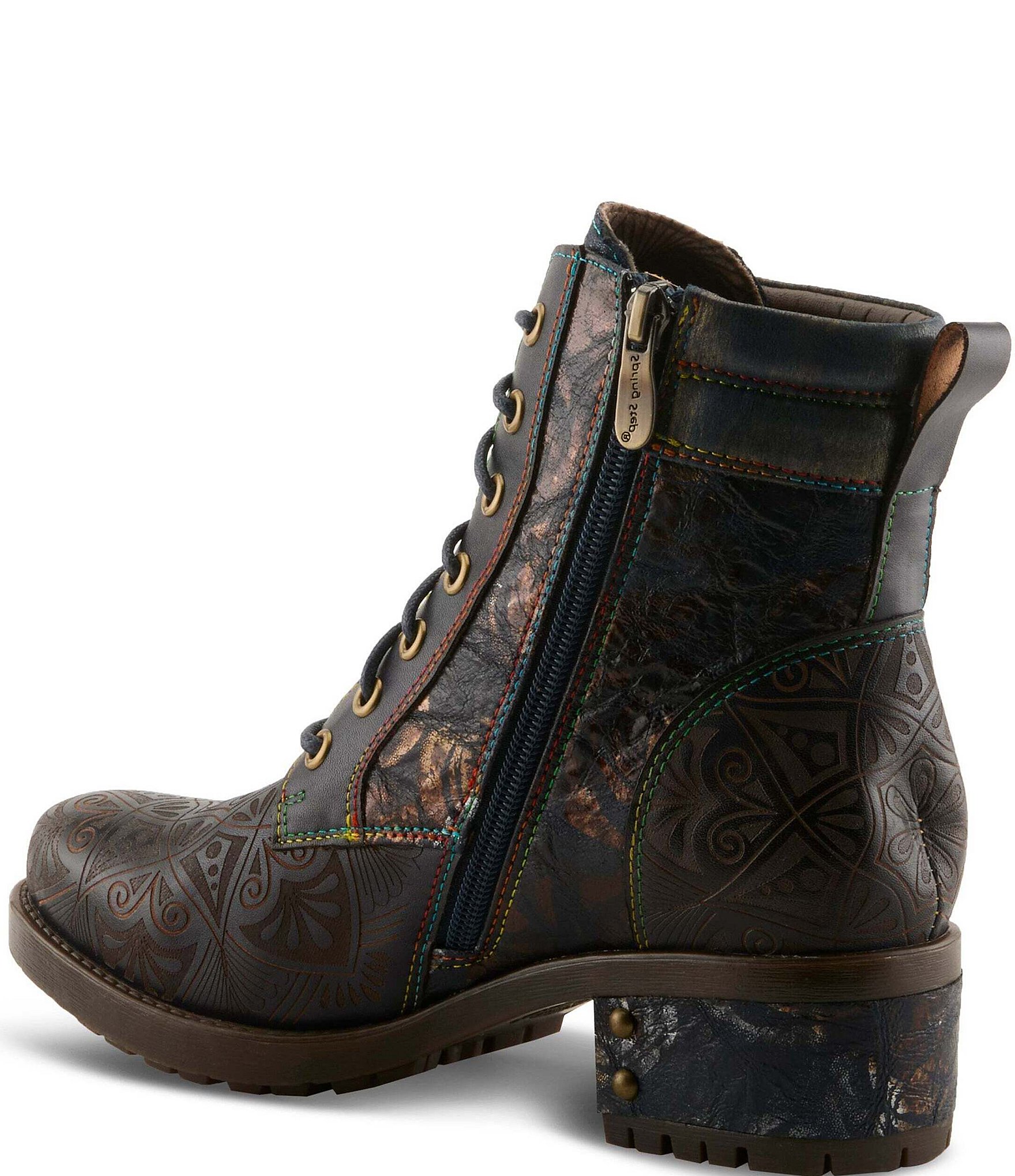 L'ARTISTE Whitefish Leather Embossed Mix Block Heel Booties