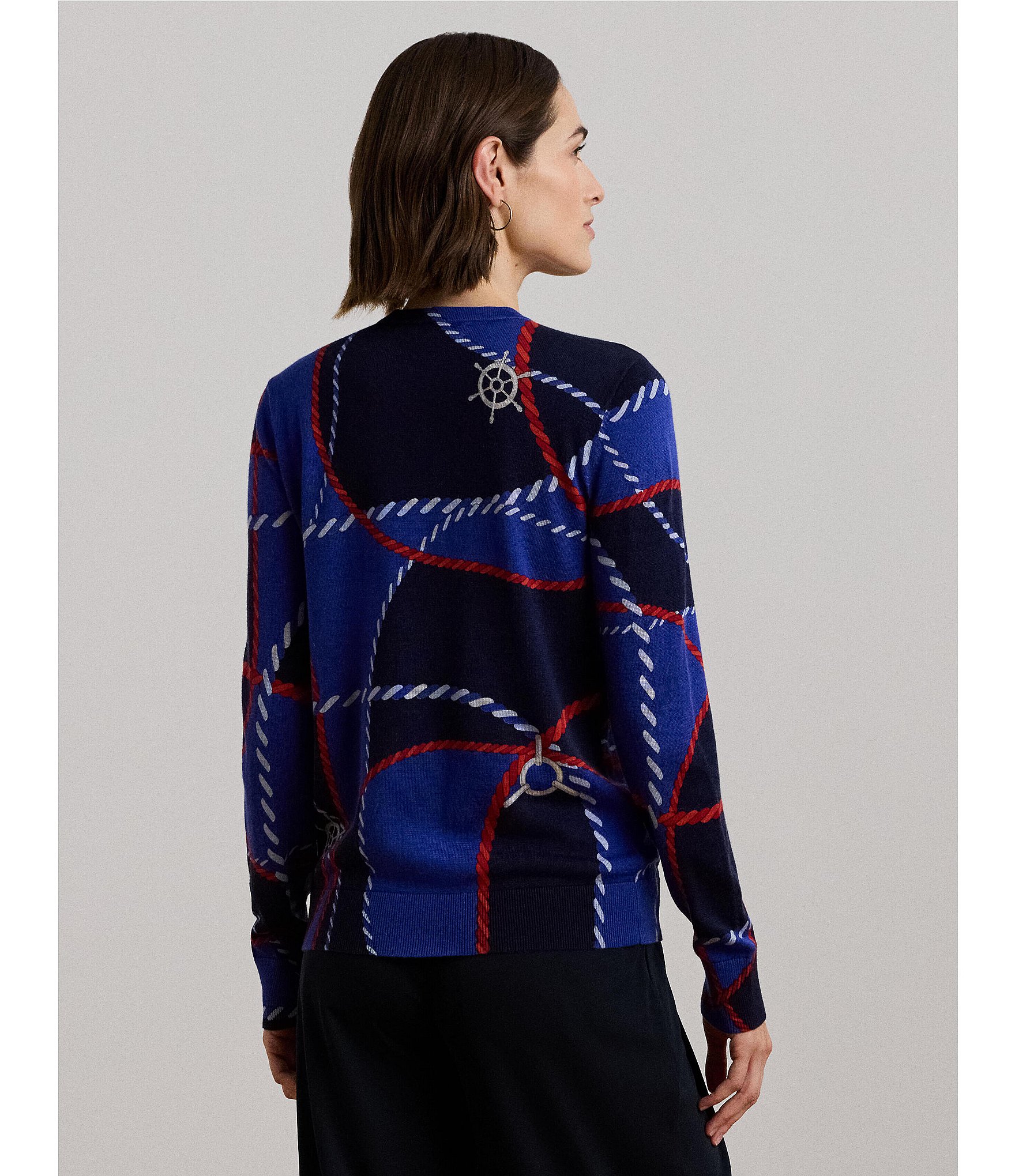 Lauren Ralph Cotton Blend Rope Print Crew Neck Long Sleeve Sweater