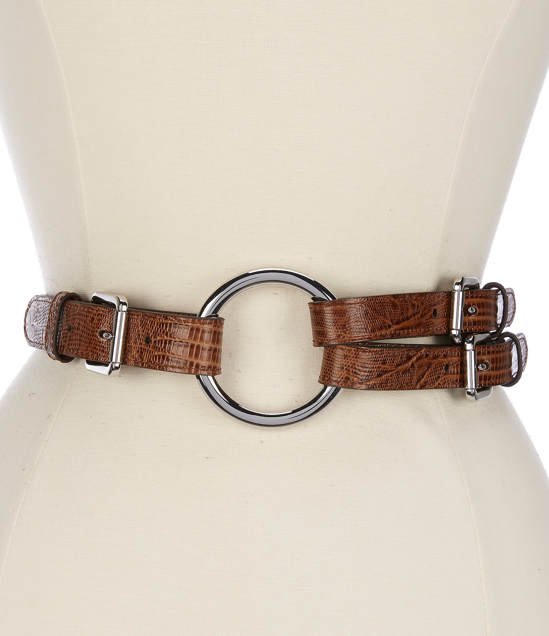 Lauren Ralph Lauren 2#double; Tri-Strap O-Ring Lizard-Embossed Leather Belt