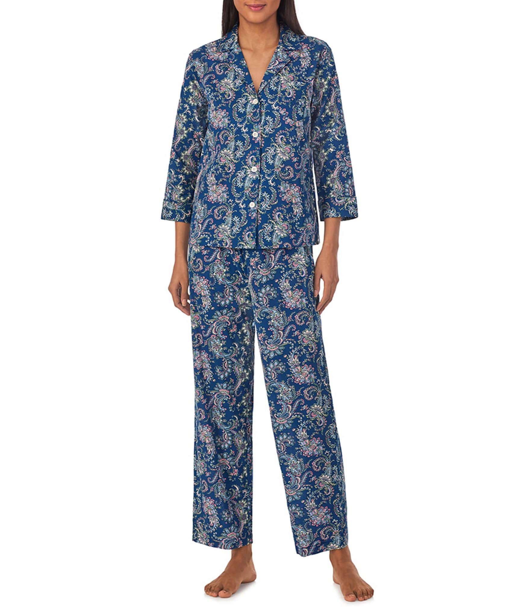 Lauren Ralph Lauren 3/4 Sleeve Notch Collar Woven Paisley Pajama Set