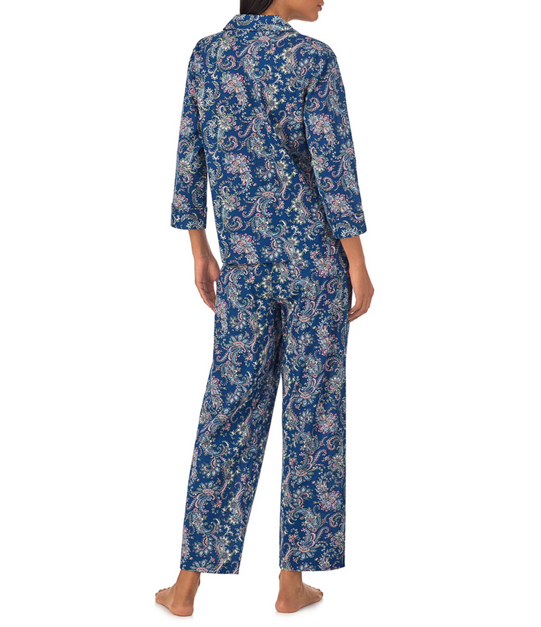 Lauren Ralph Lauren 3/4 Sleeve Notch Collar Woven Paisley Pajama Set