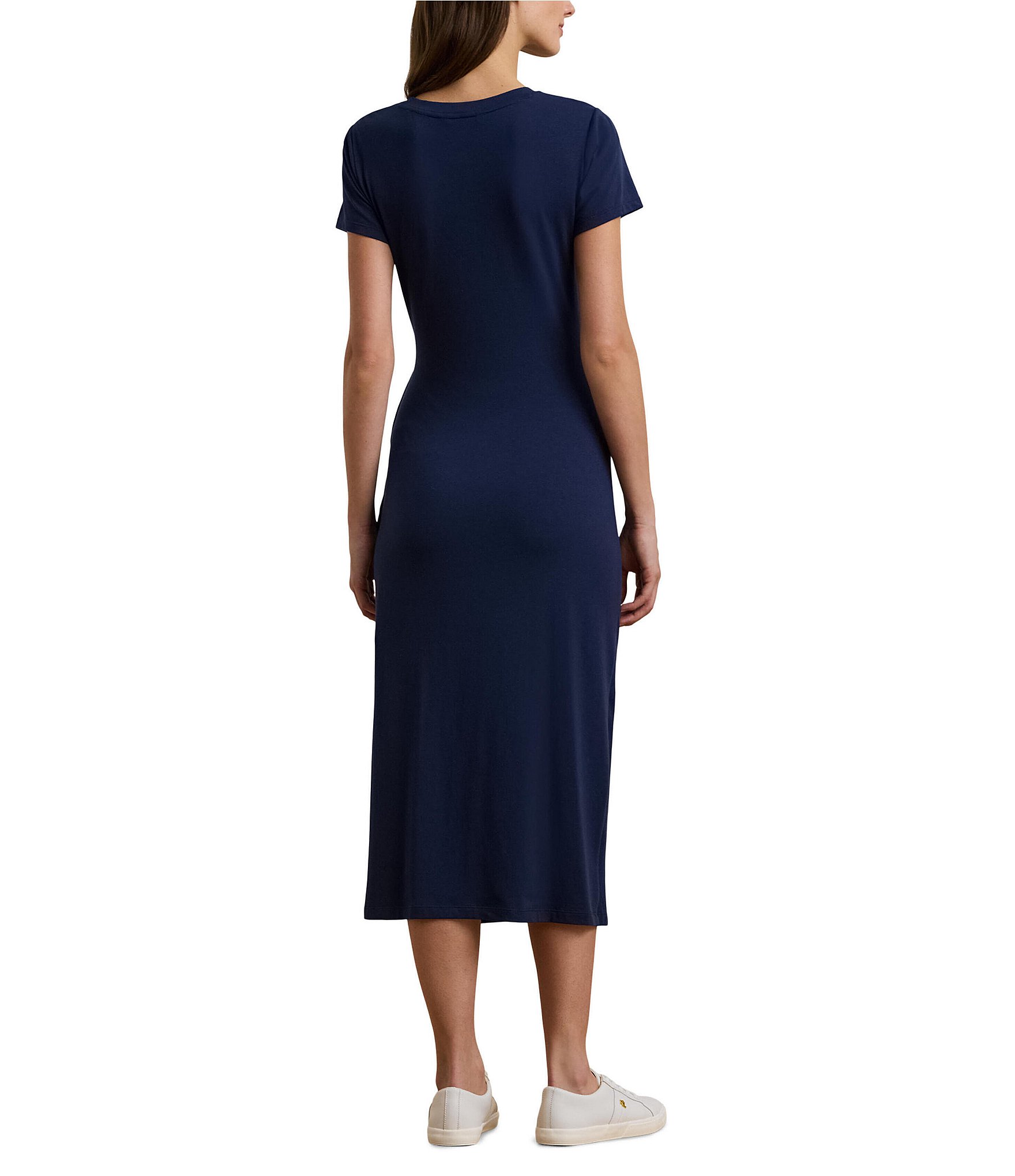 Lauren Ralph Lauren Ashire Knit Jersey Round Neck Short Sleeve Tie Front Waist Sheath Dress