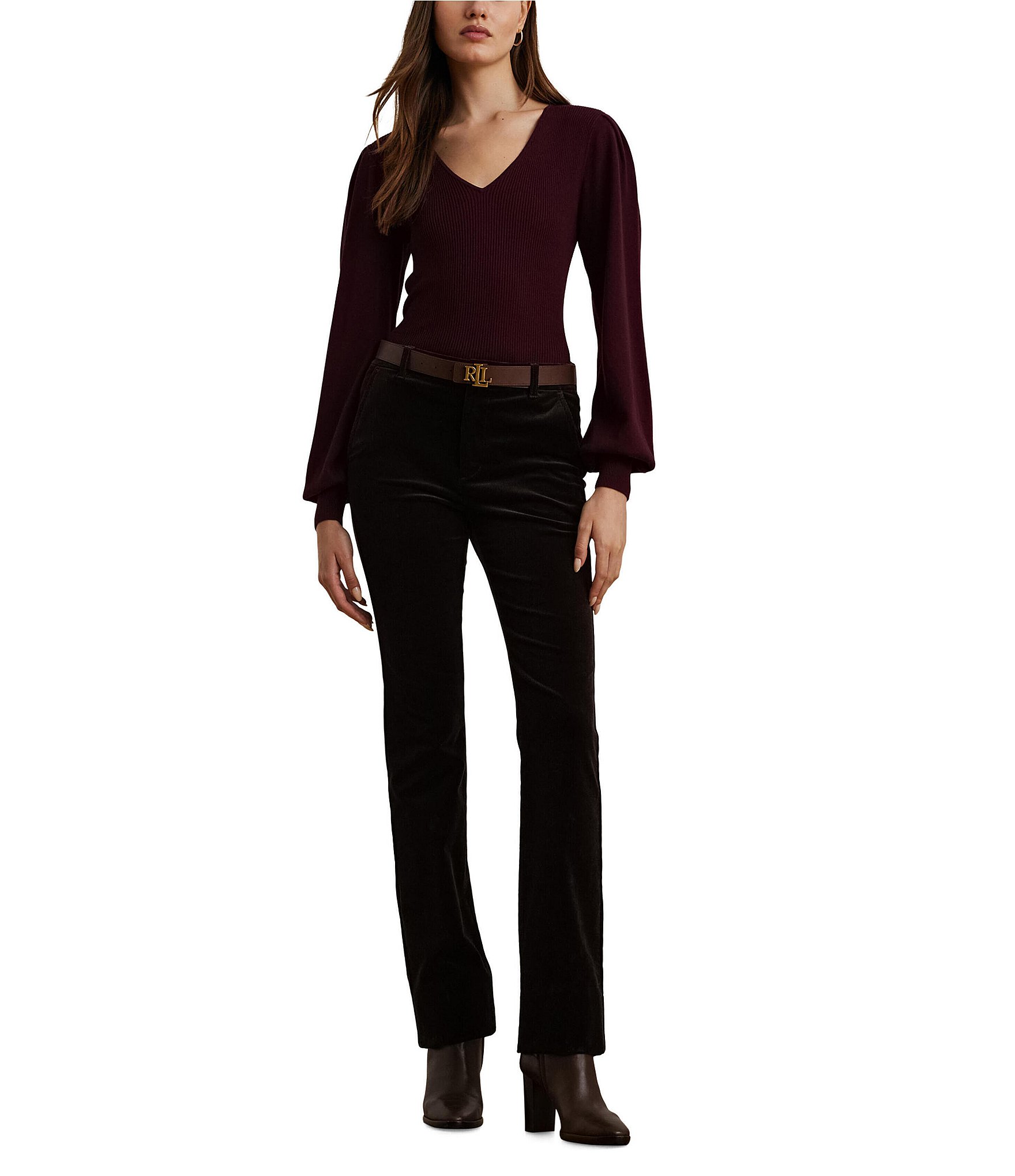 Lauren Ralph Lauren V-Neck Voluminous Blouson Sleeve Slim-Fit Sweater