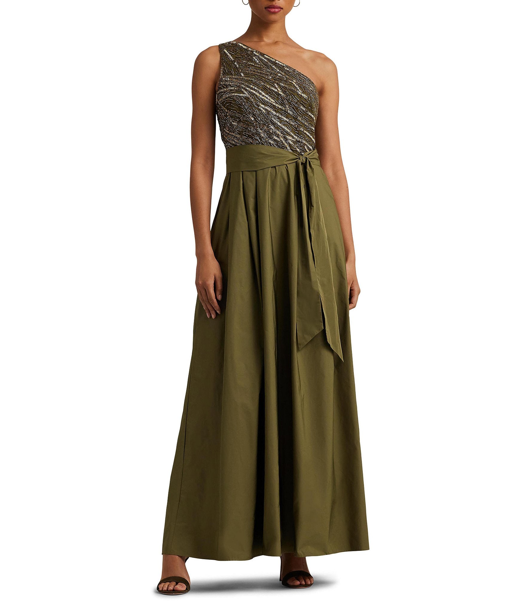 Lauren Ralph Lauren Beaded Taffeta One Shoulder Sleeveless Ball Gown |  Dillard's