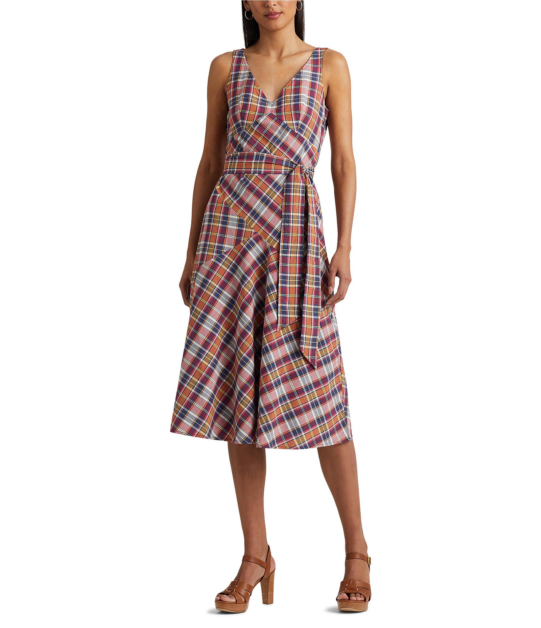 Lauren Ralph Lauren Belted Cotton V-Neck Sleeveless Stripe A-Line Dress ...