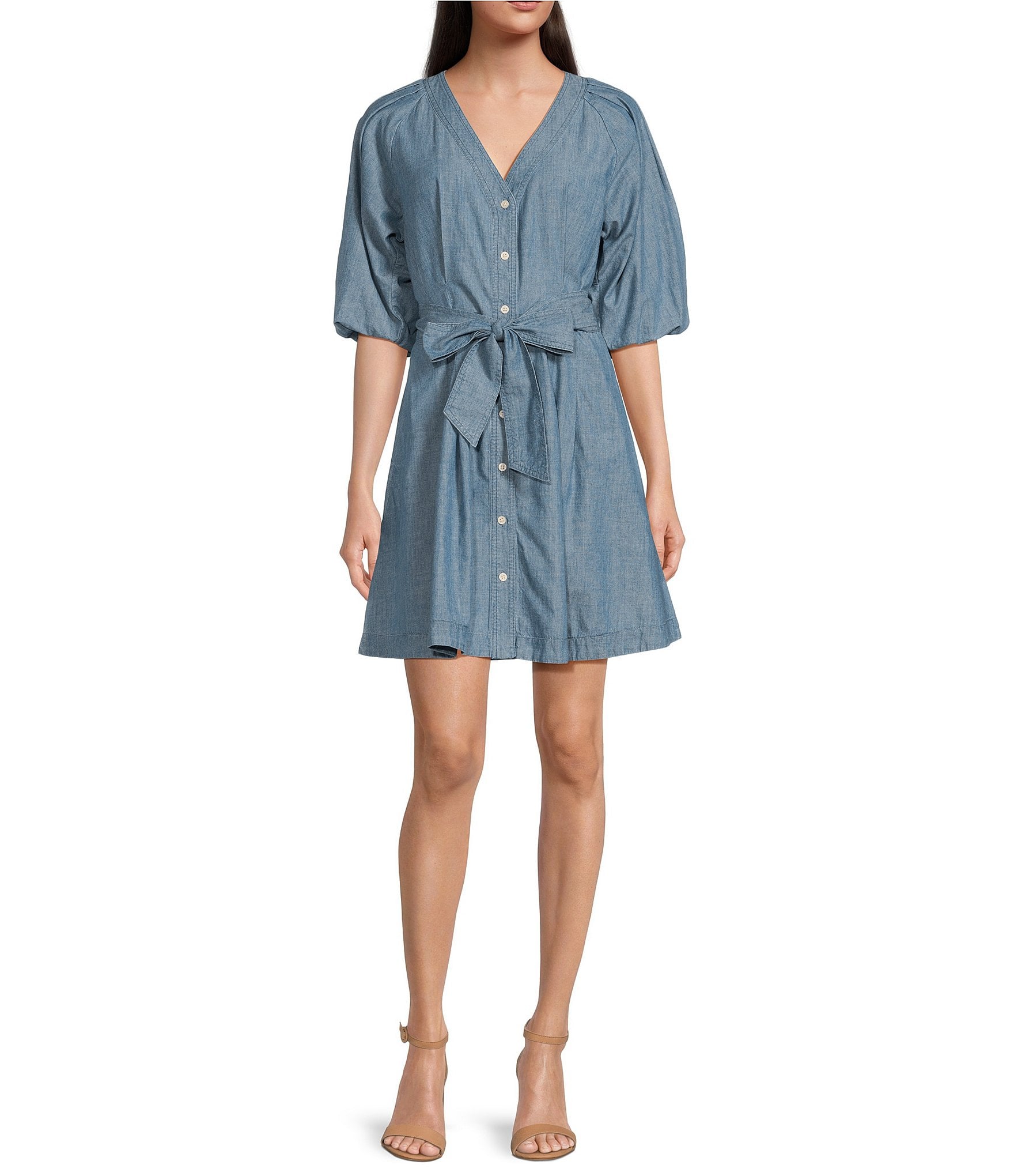 Lauren Ralph Lauren Belted Denim 3/4 Bubble Sleeve Shirt Dress | Dillard's