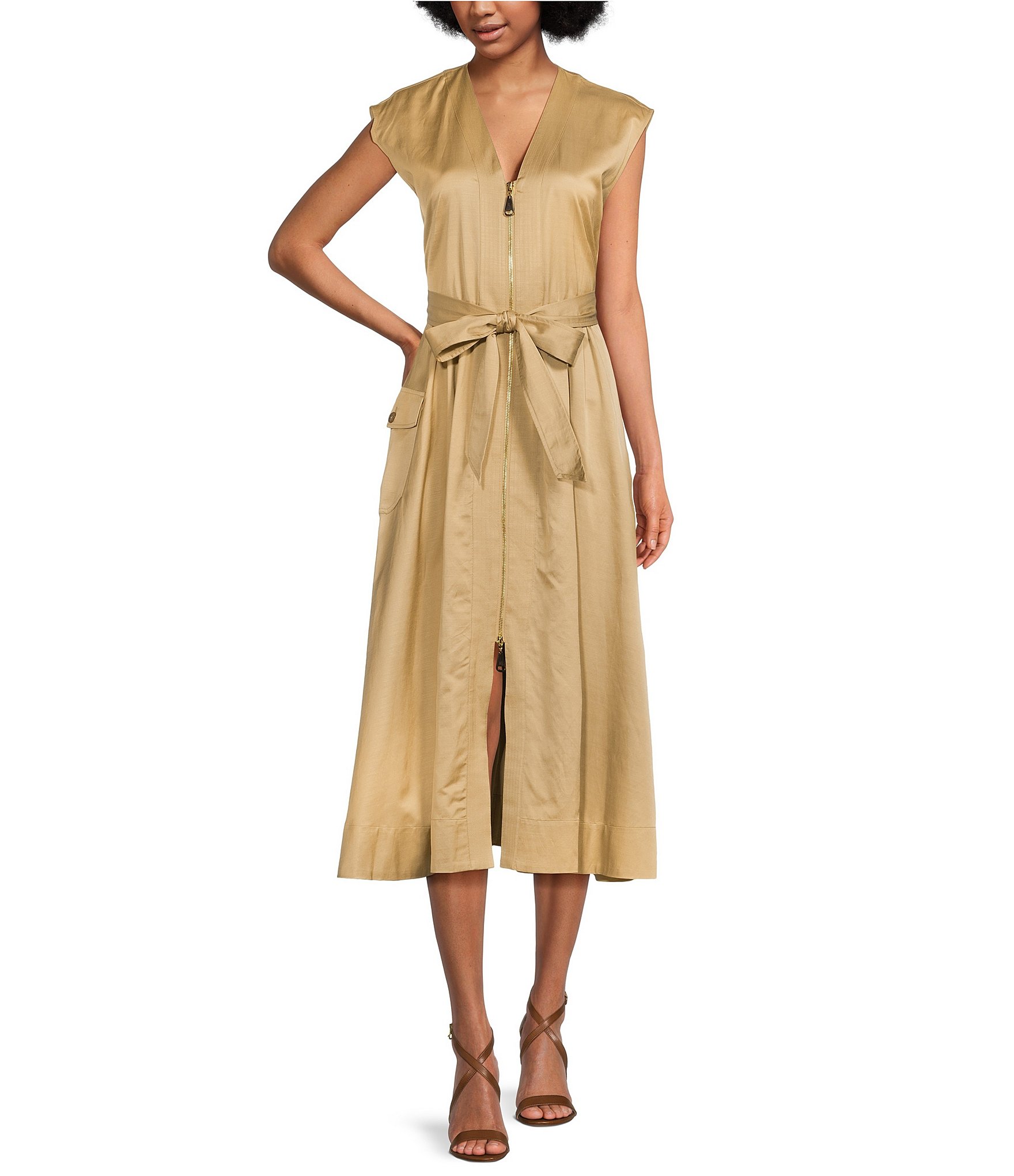 Lauren Ralph Lauren Belted V-Neck Cap Sleeve A-Line Dress | Dillard's