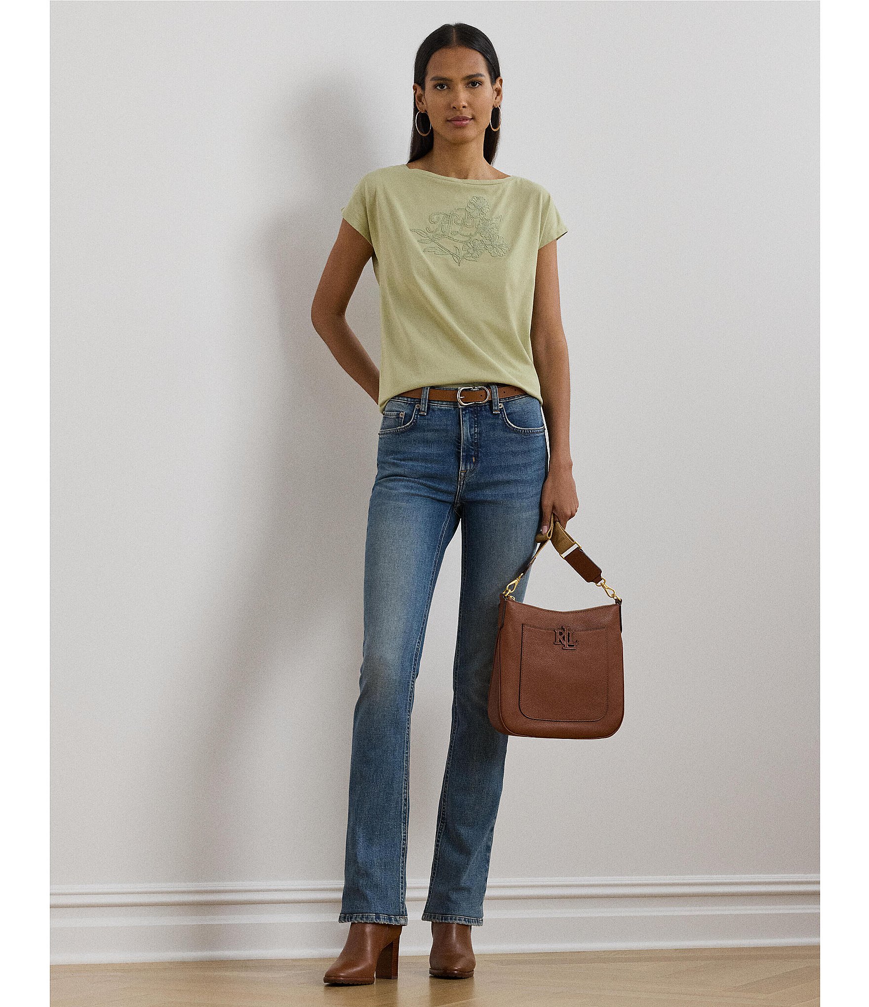 Lauren Ralph Lauren Boat Neck Short Sleeve Embroidered Tee