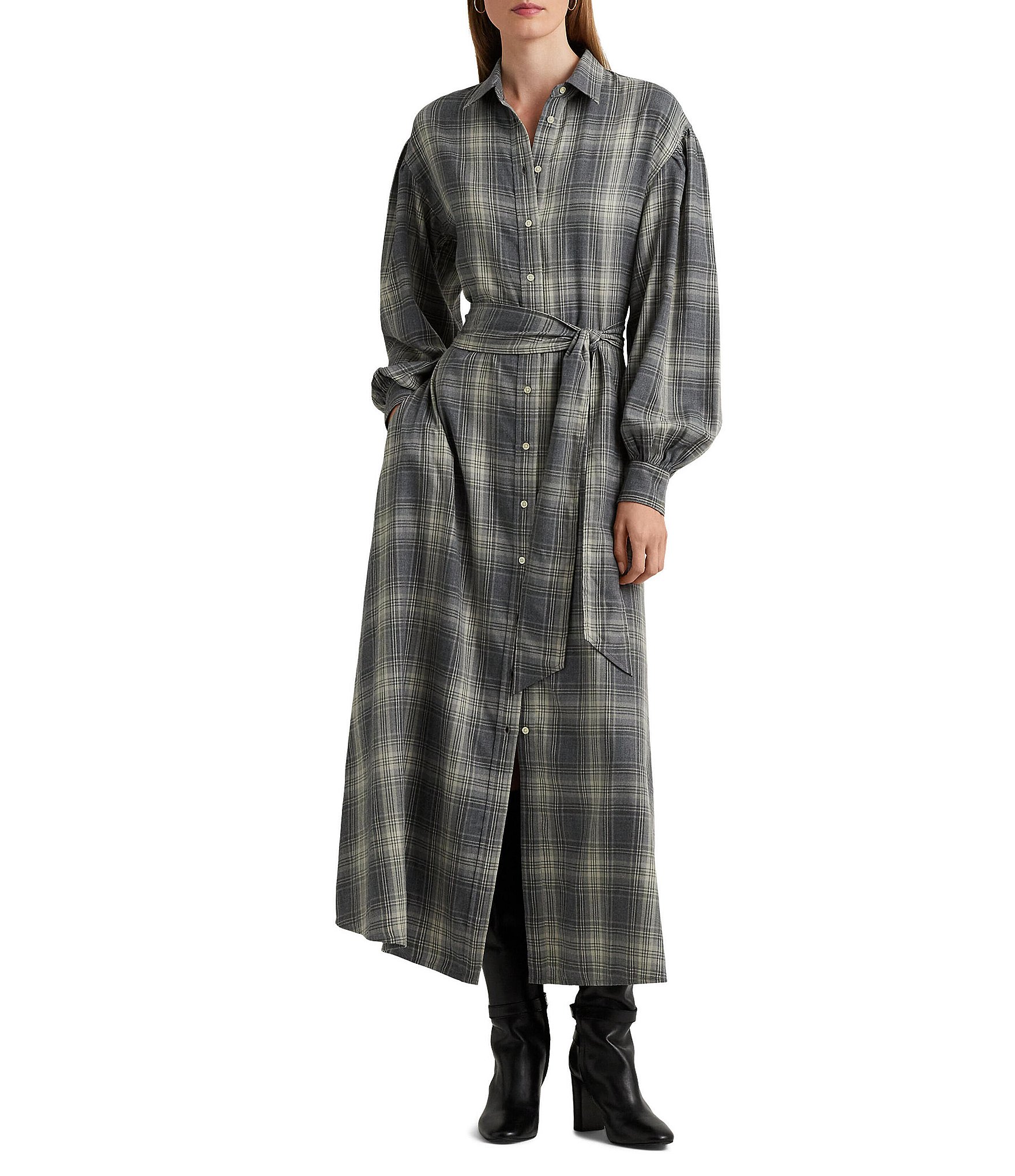 Lauren Ralph Lauren Checked Plaid Belted Twill Midi Shirtdress Dillard's