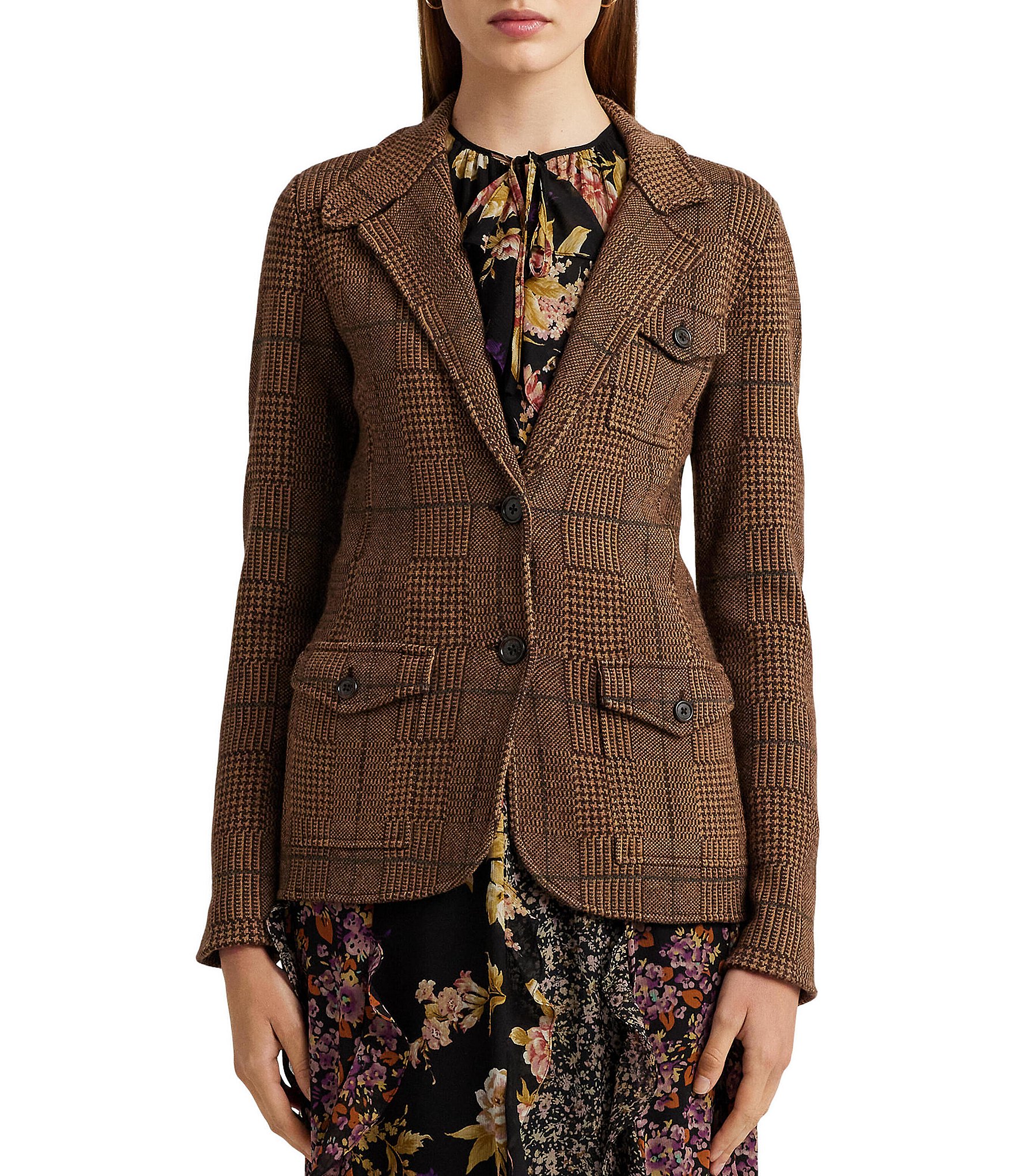Vtg LRL Ralph Lauren 100% Wool Tan Glen Plaid Blazer Jacket Women's Petite  8P