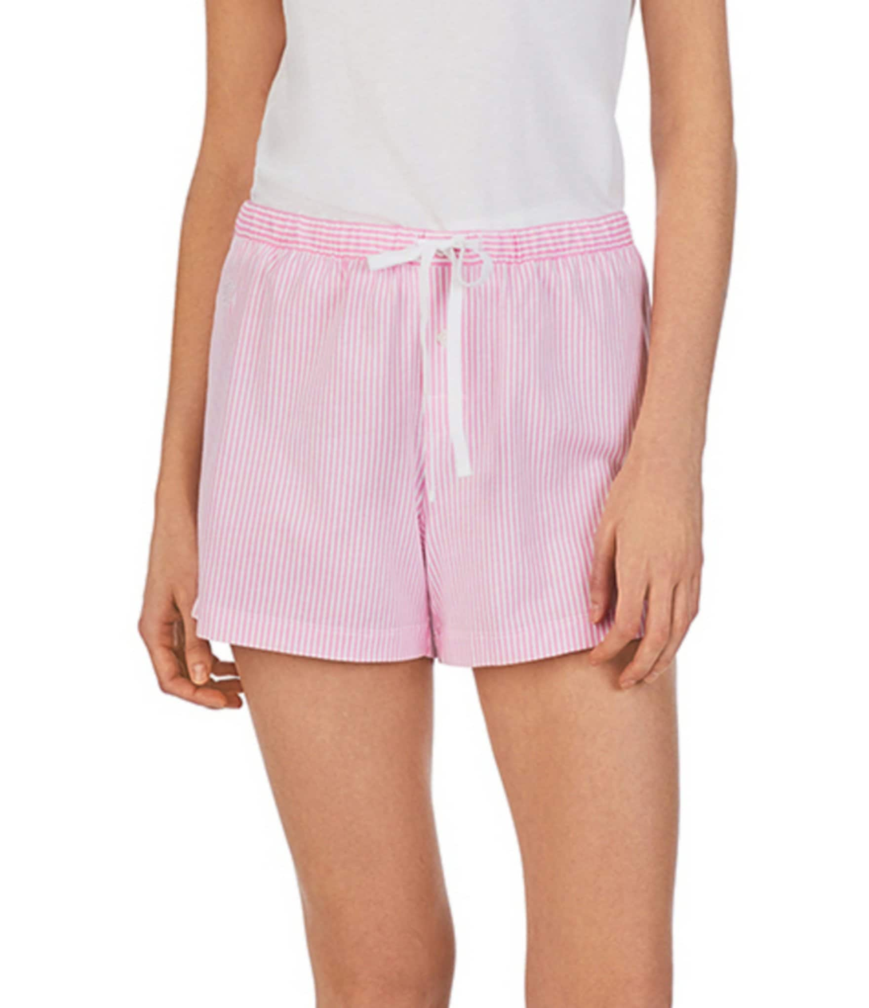 Lauren Ralph Lauren Classic Woven Drawstring Elastic Waist Patch Pocket Logo Embroidered Striped Sleep Shorts