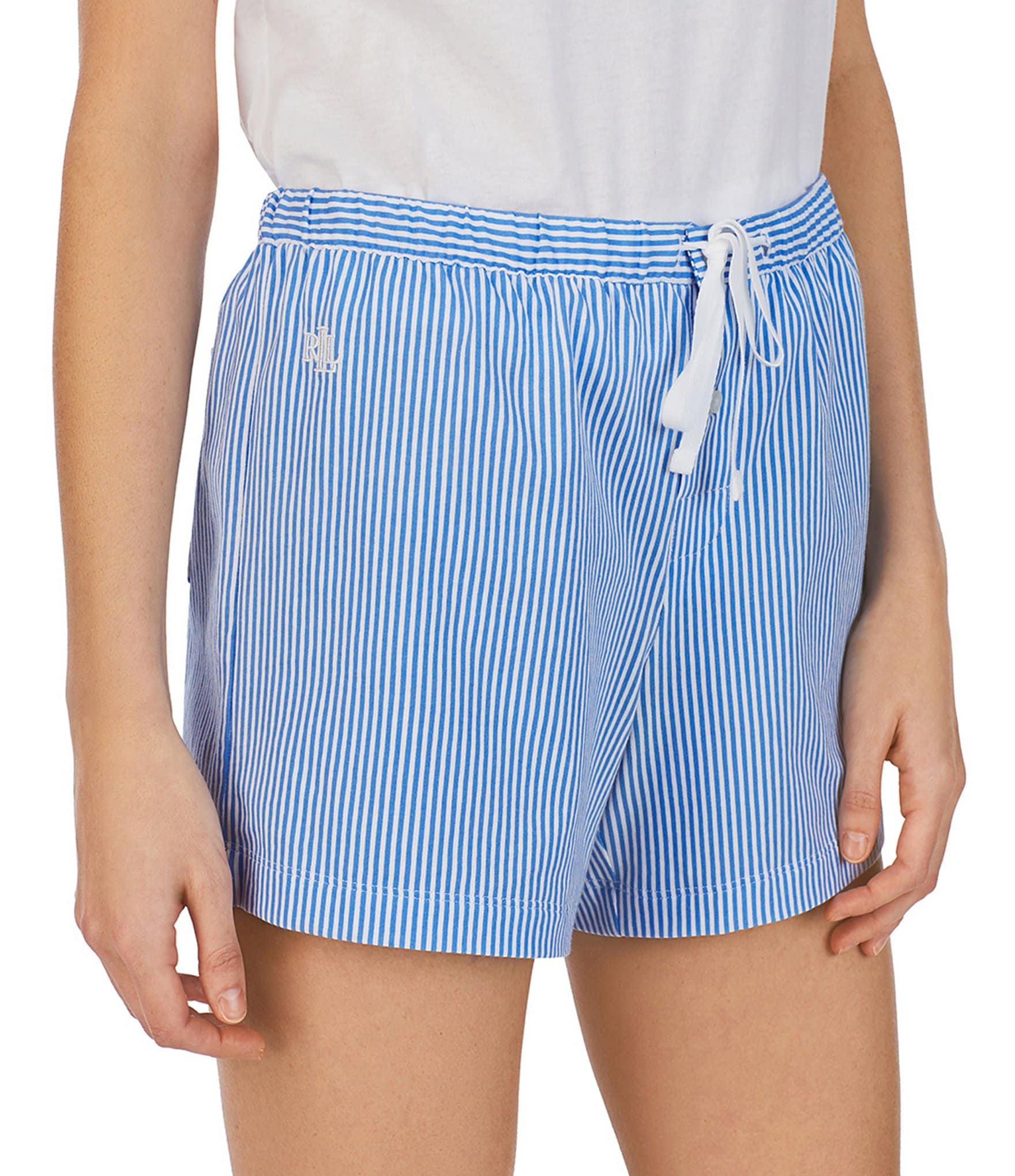 Lauren Ralph Lauren Classic Woven Drawstring Elastic Waist Patch Pocket Logo Embroidered Striped Sleep Shorts