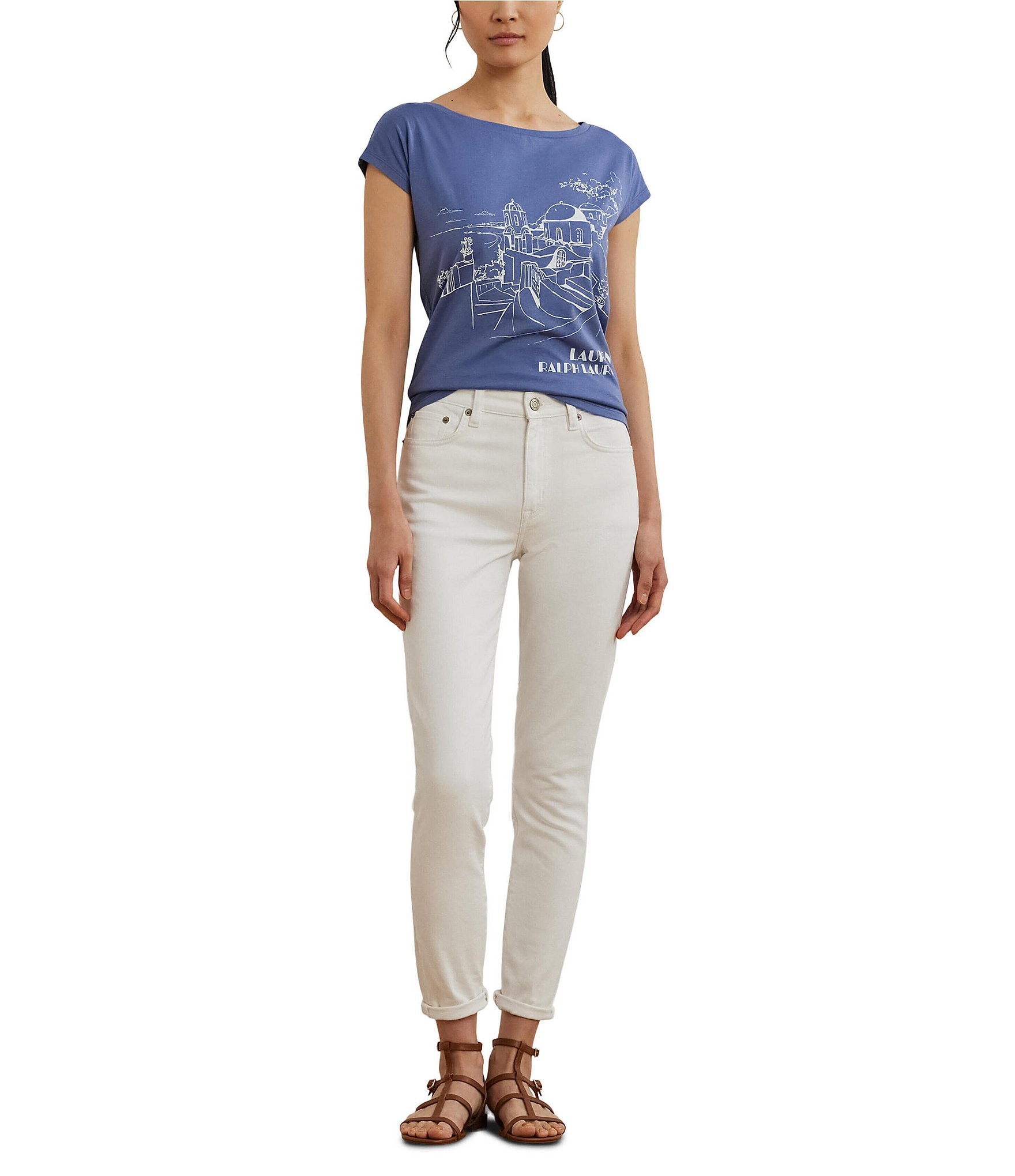 Lauren Ralph Lauren Cotton Blend Jersey Boat Neck Short Sleeve Graphic T-Shirt