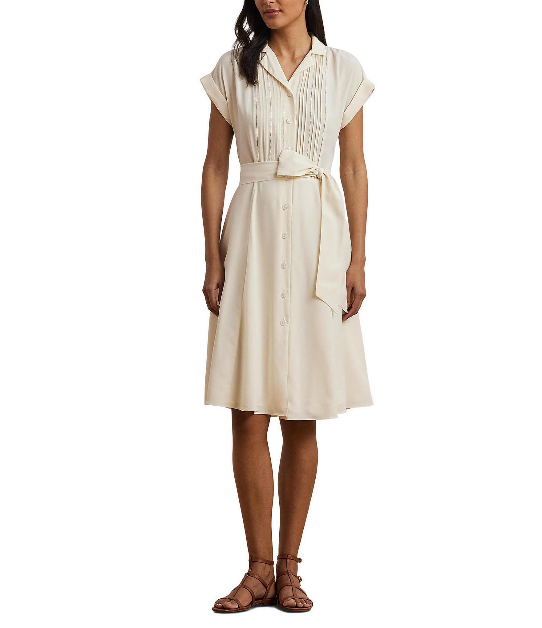Lauren Ralph Lauren Crepe Camp Collar Neck Short Sleeve Belted Shirt Knee Length Dress