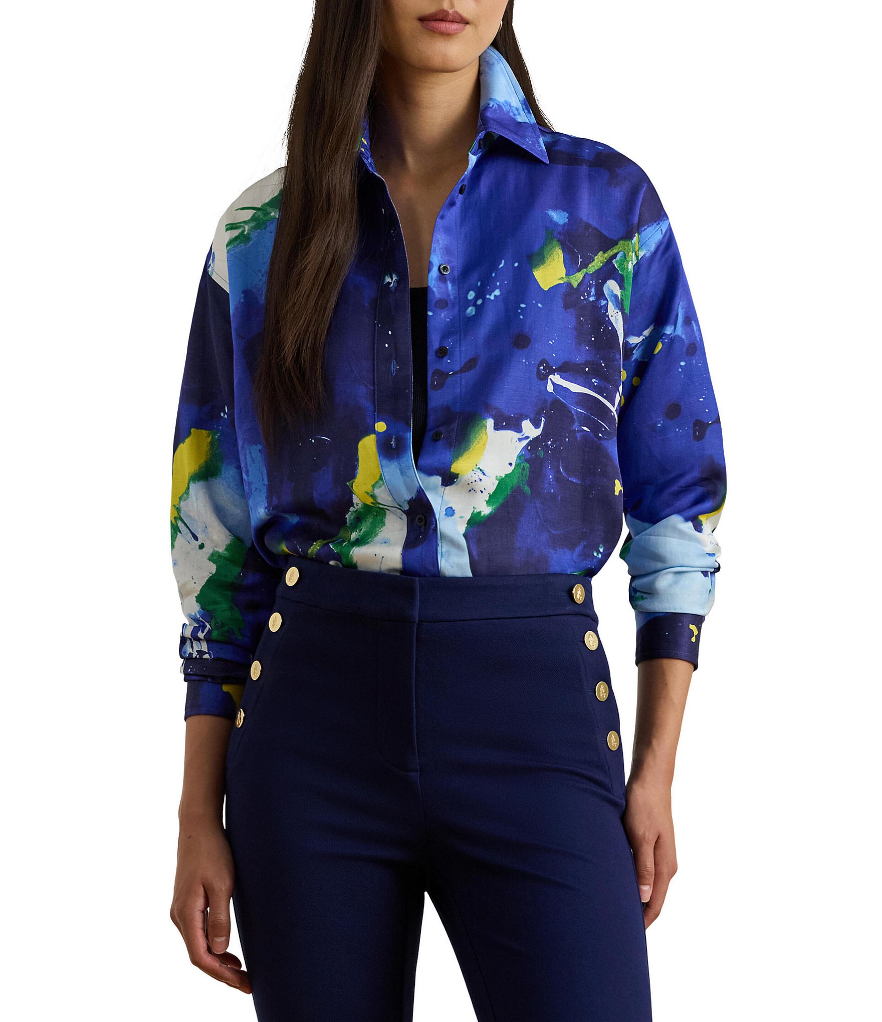 Lauren Ralph Lauren Crepe de Chine Abstract Print Point Collar Long Sleeve Coordinating Button Front Shirt