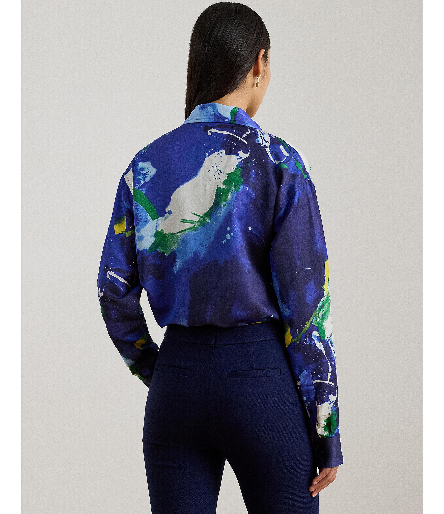 Lauren Ralph Lauren Crepe de Chine Abstract Print Point Collar Long Sleeve Coordinating Button Front Shirt