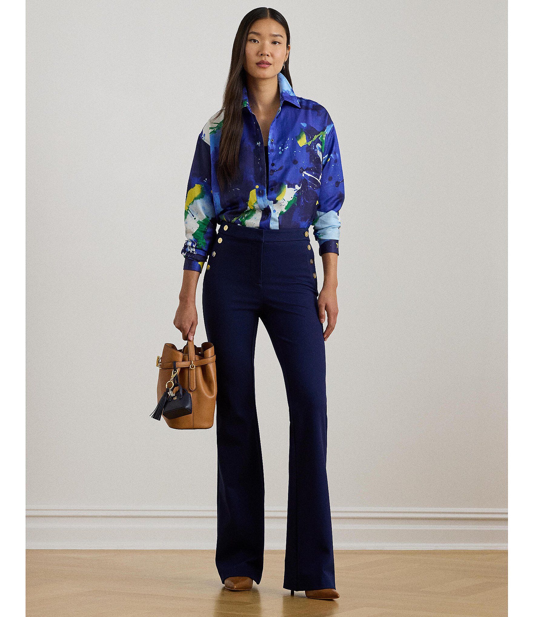 Lauren Ralph Lauren Crepe de Chine Abstract Print Point Collar Long Sleeve Coordinating Button Front Shirt