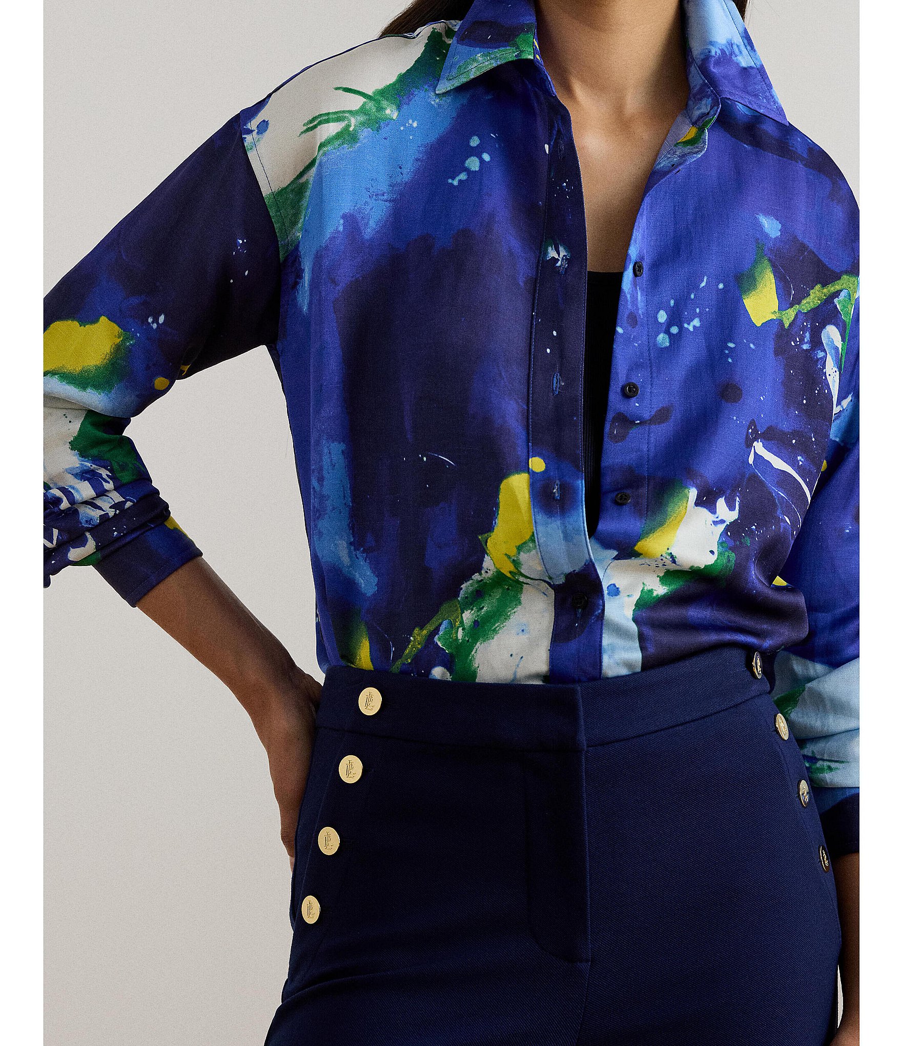 Lauren Ralph Lauren Crepe de Chine Abstract Print Point Collar Long Sleeve Coordinating Button Front Shirt