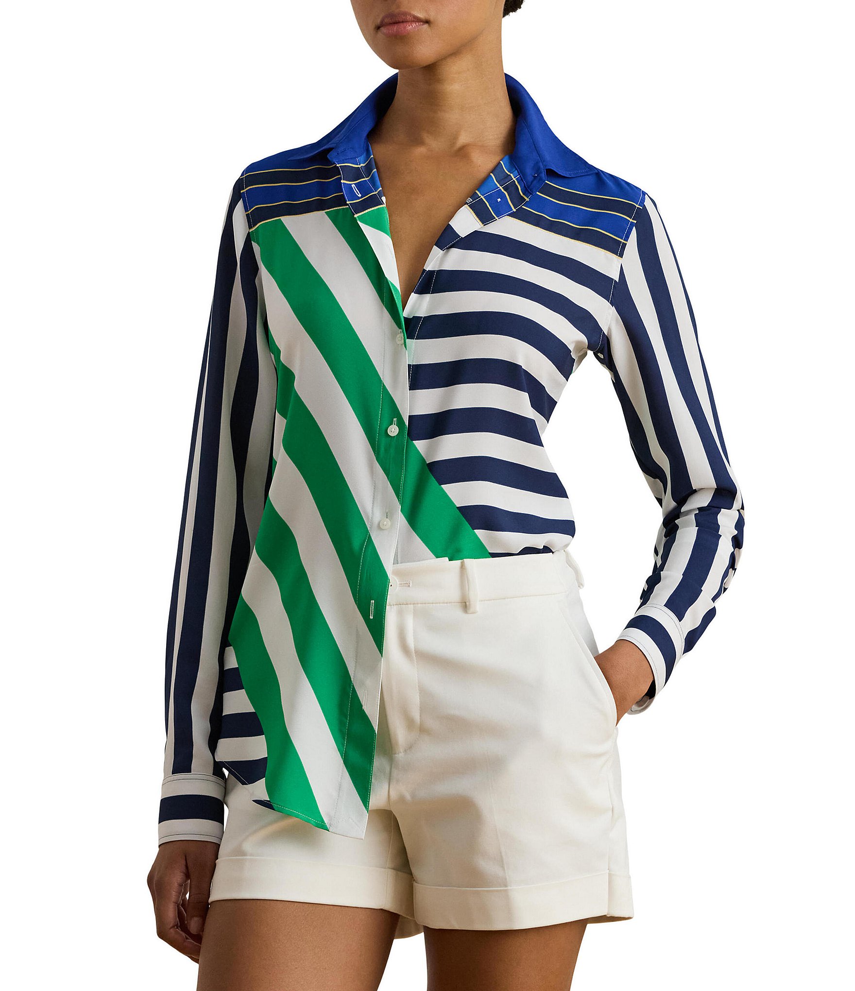 Lauren Ralph Lauren Crepe de Chine Color Block Stripe Point Collar Long Sleeve Button Front Shirt