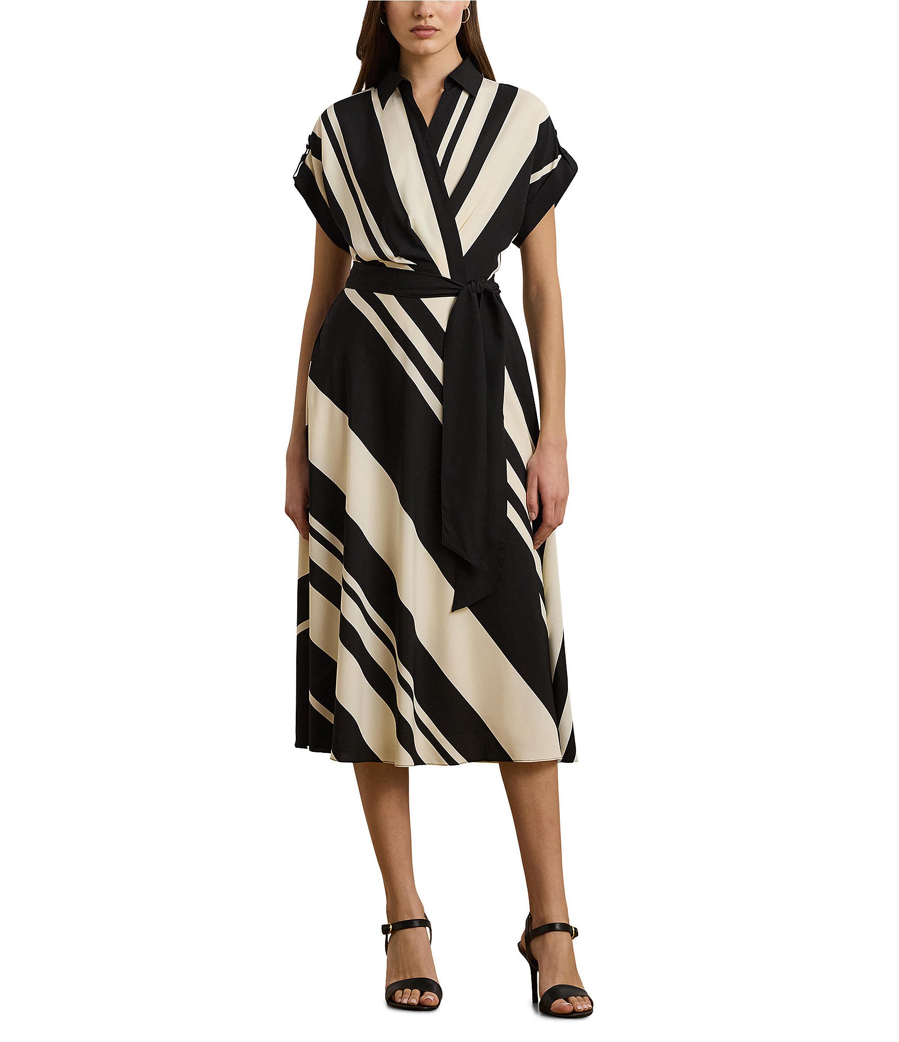 【LAUREN RALPH LAUREN】STRIPED SURPLICE CREPE MIDI DRESS Women's Lauren Ralph Lauren Striped Surplice Crepe Midi