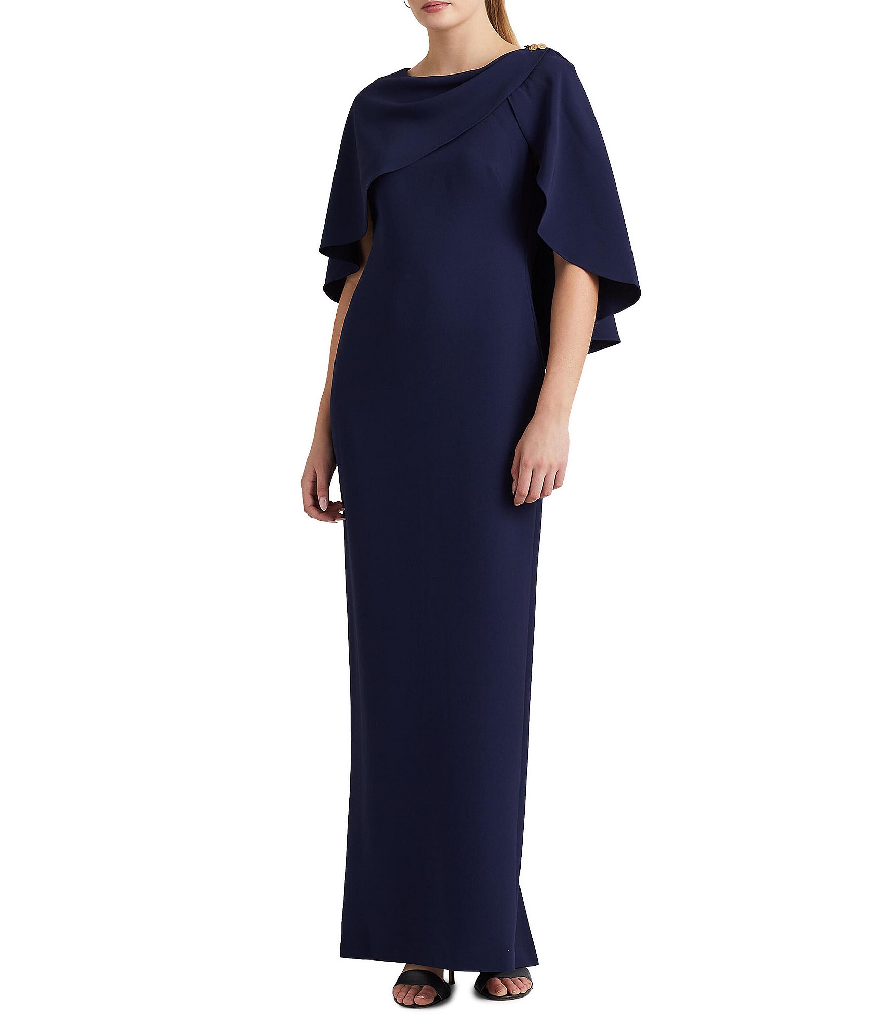Lauren Ralph Lauren Crew Neck Cape Overlay Short Sleeve Gown | Dillard's