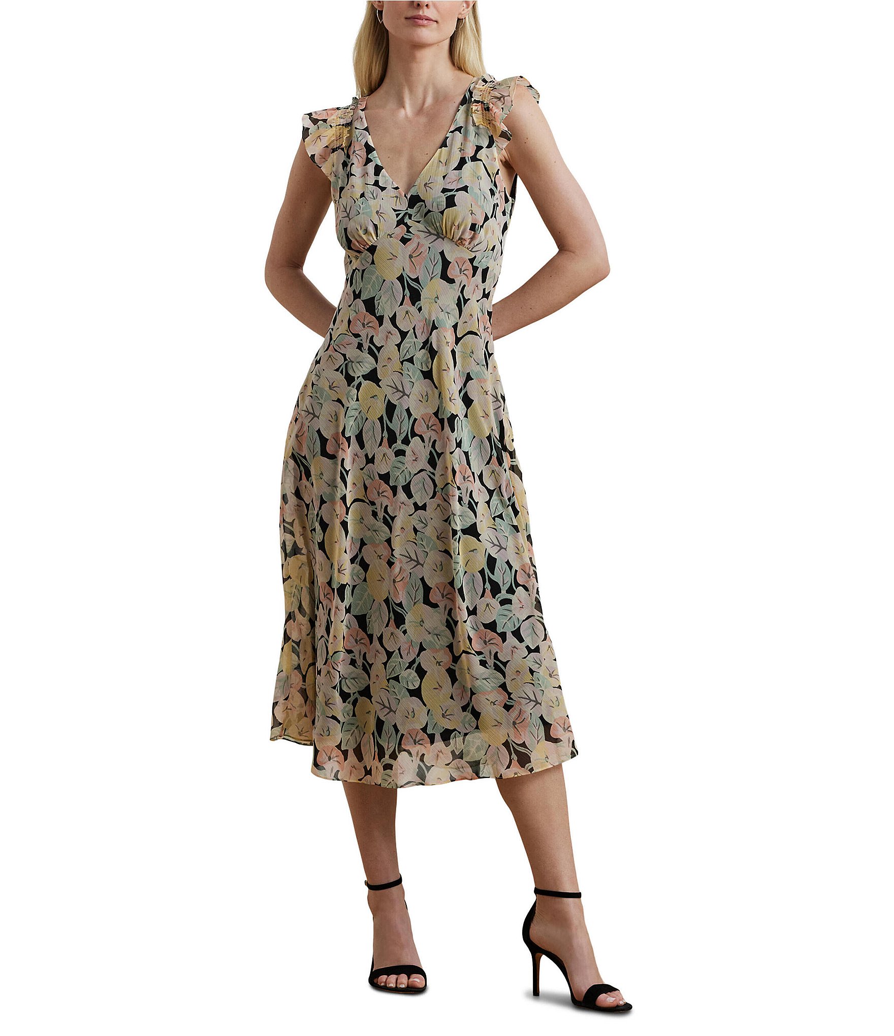 Lauren Ralph Lauren Crinkle Georgette Floral Print V-Neck