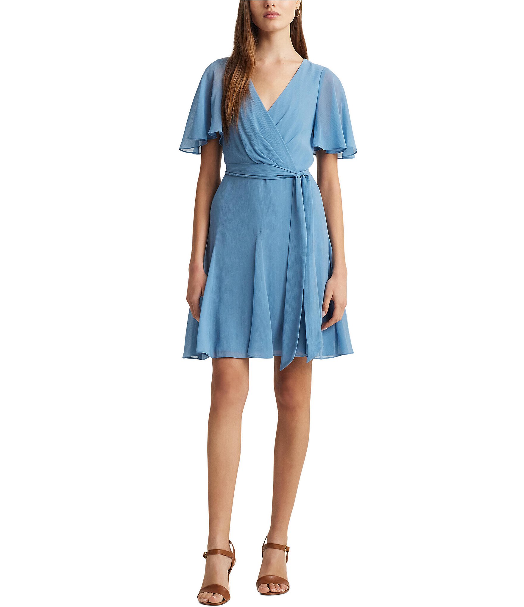 Lauren Ralph Lauren Crinkle Georgette Surplice Dress Women's Dress Pale Azure : 14