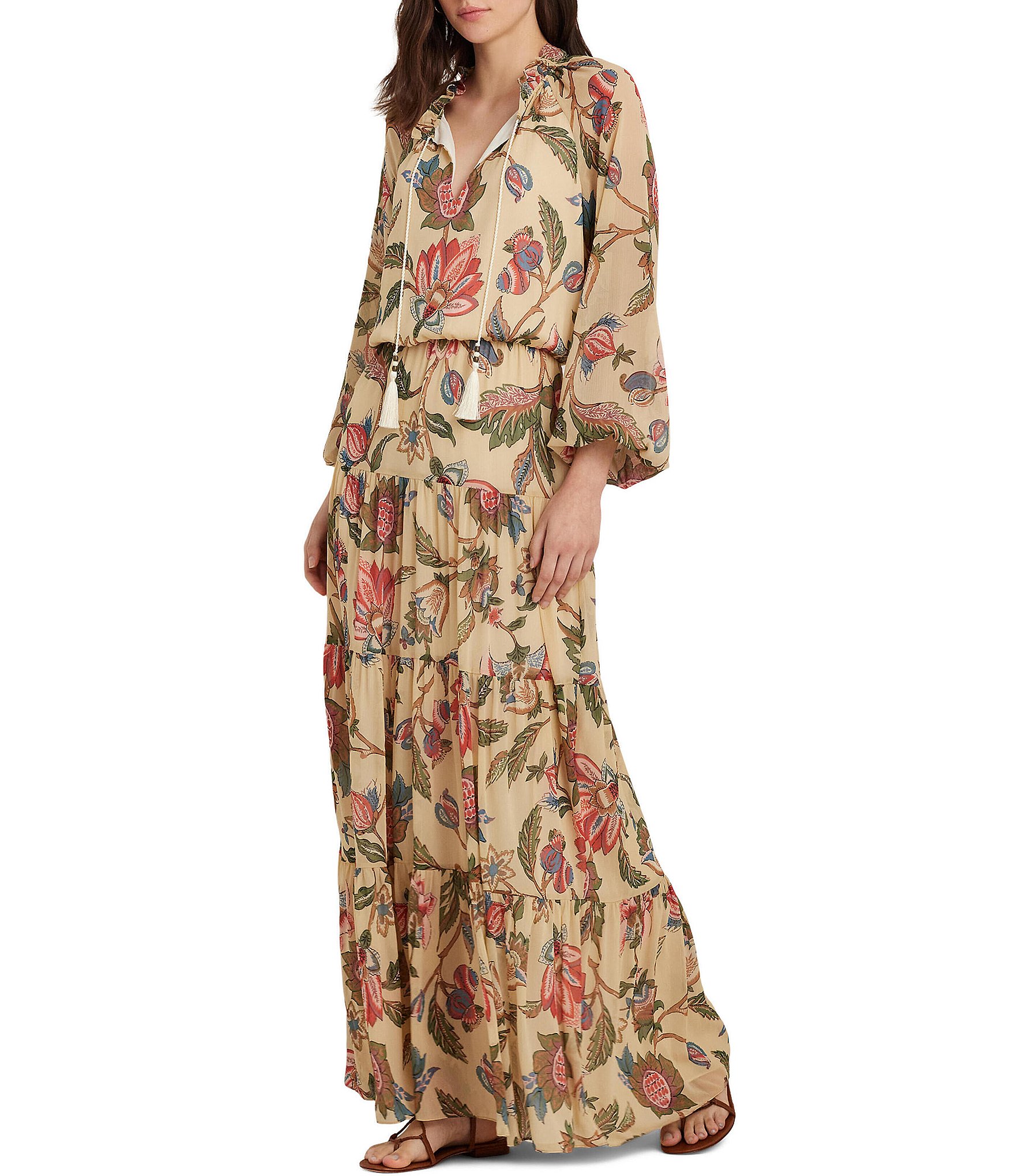 Lauren Ralph Lauren Floral Print 3/4 Sleeve Notch Collar Knit Capri Pajama  Set