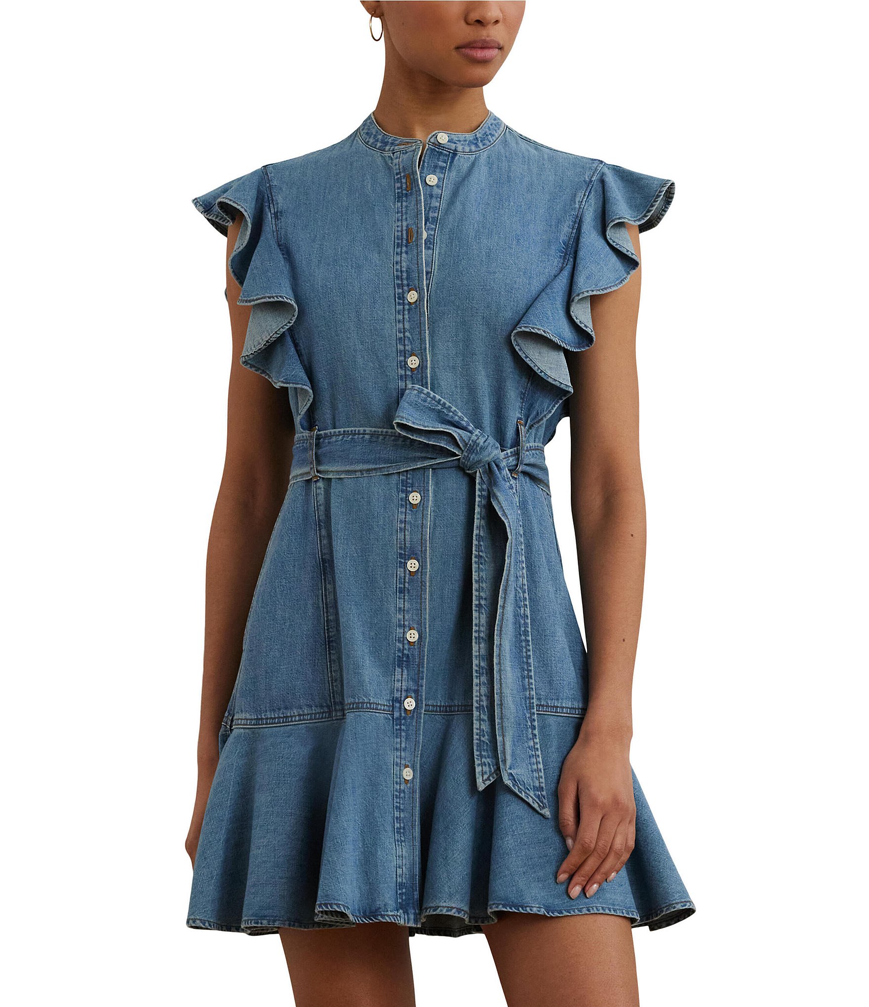 Lauren Ralph Lauren Denim Banded Collar Flutter Sleeve
