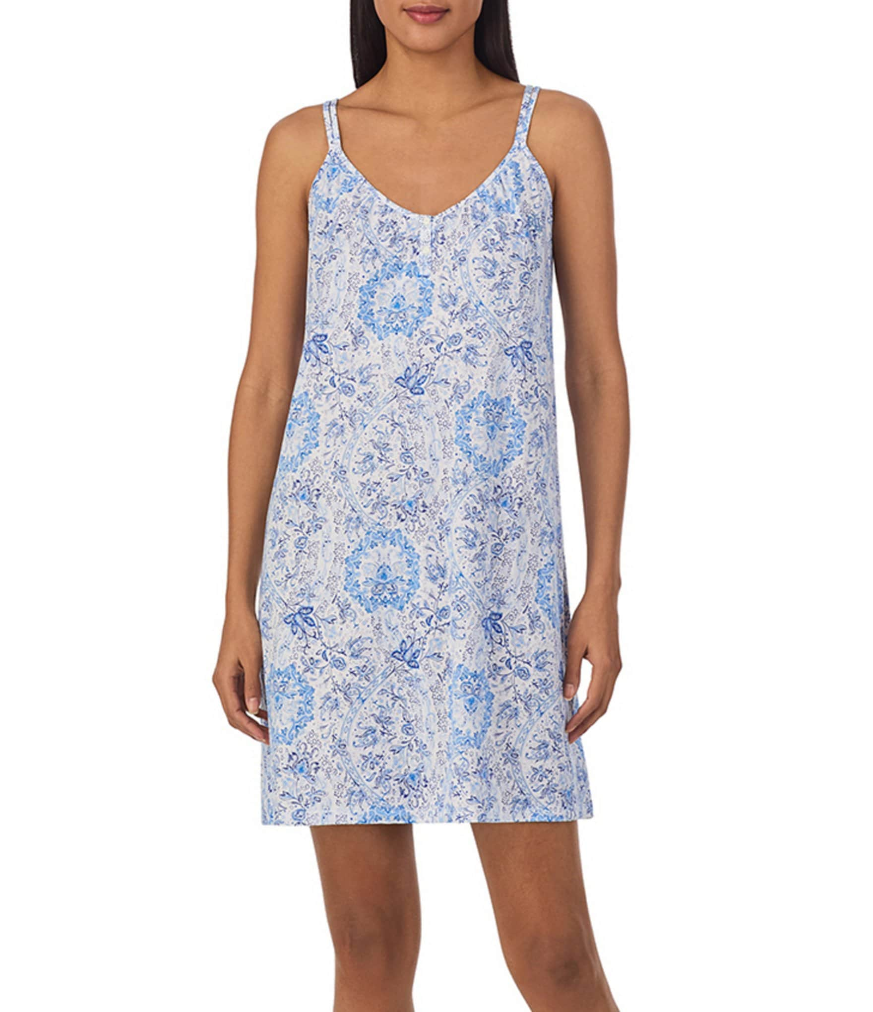 Lauren Ralph Lauren Double Strap Button-Front Detail V-Neck Jersey Knit Floral Print Chemise