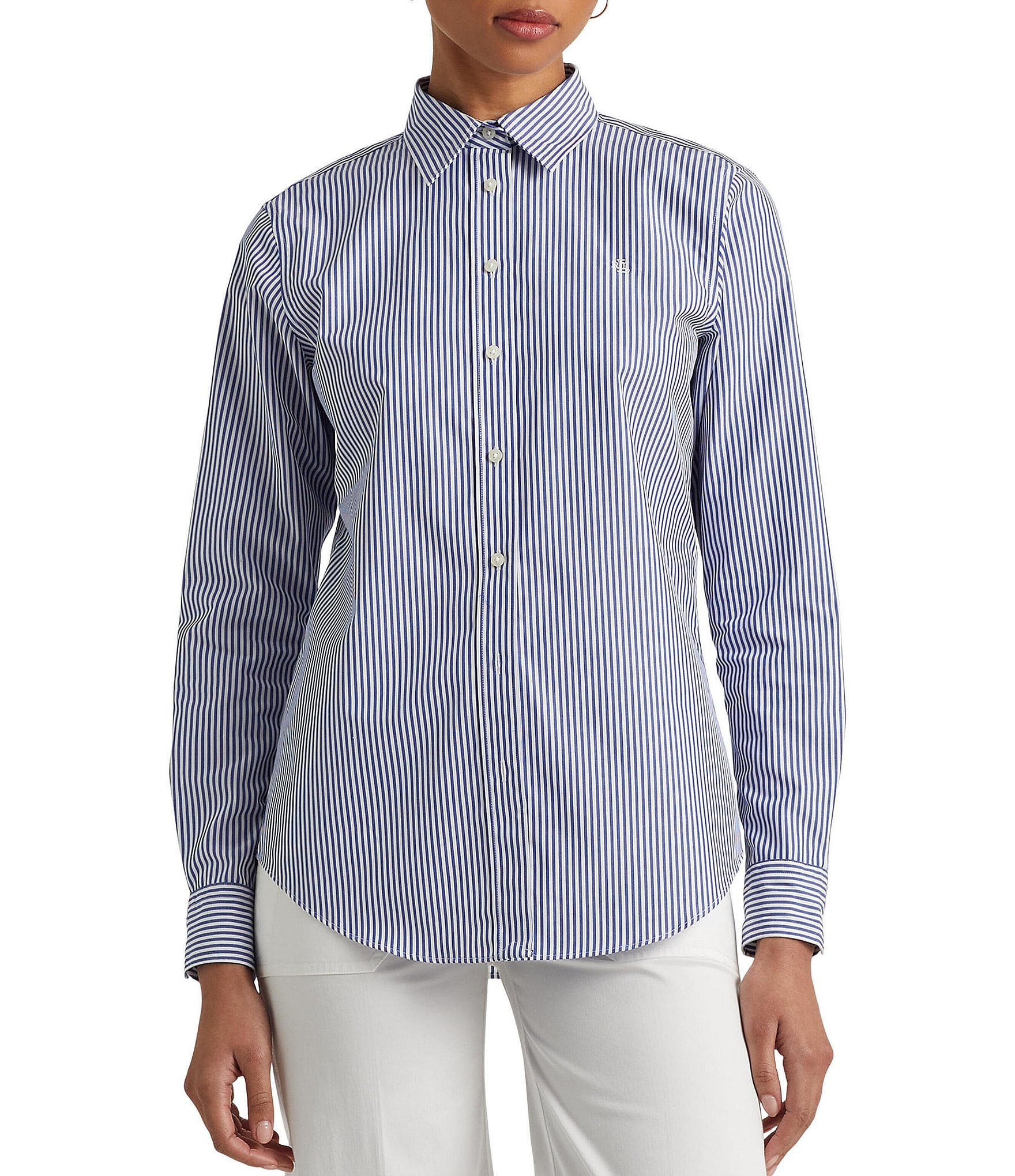 Lauren Ralph Lauren Easy Care Striped Print Point Collar Shirttail Hem Long Sleeve Shirt