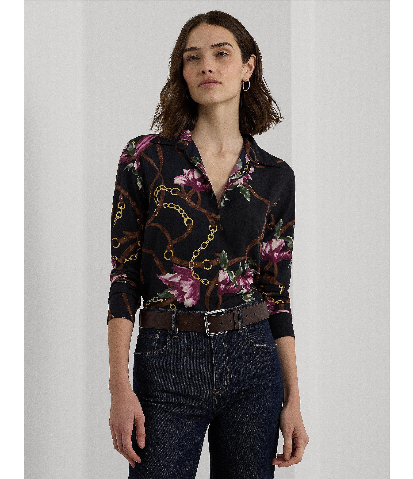 Lauren Ralph Lauren Equestrian-Inspired Floral Print Crepe Long Sleeve Button-Front Shirt