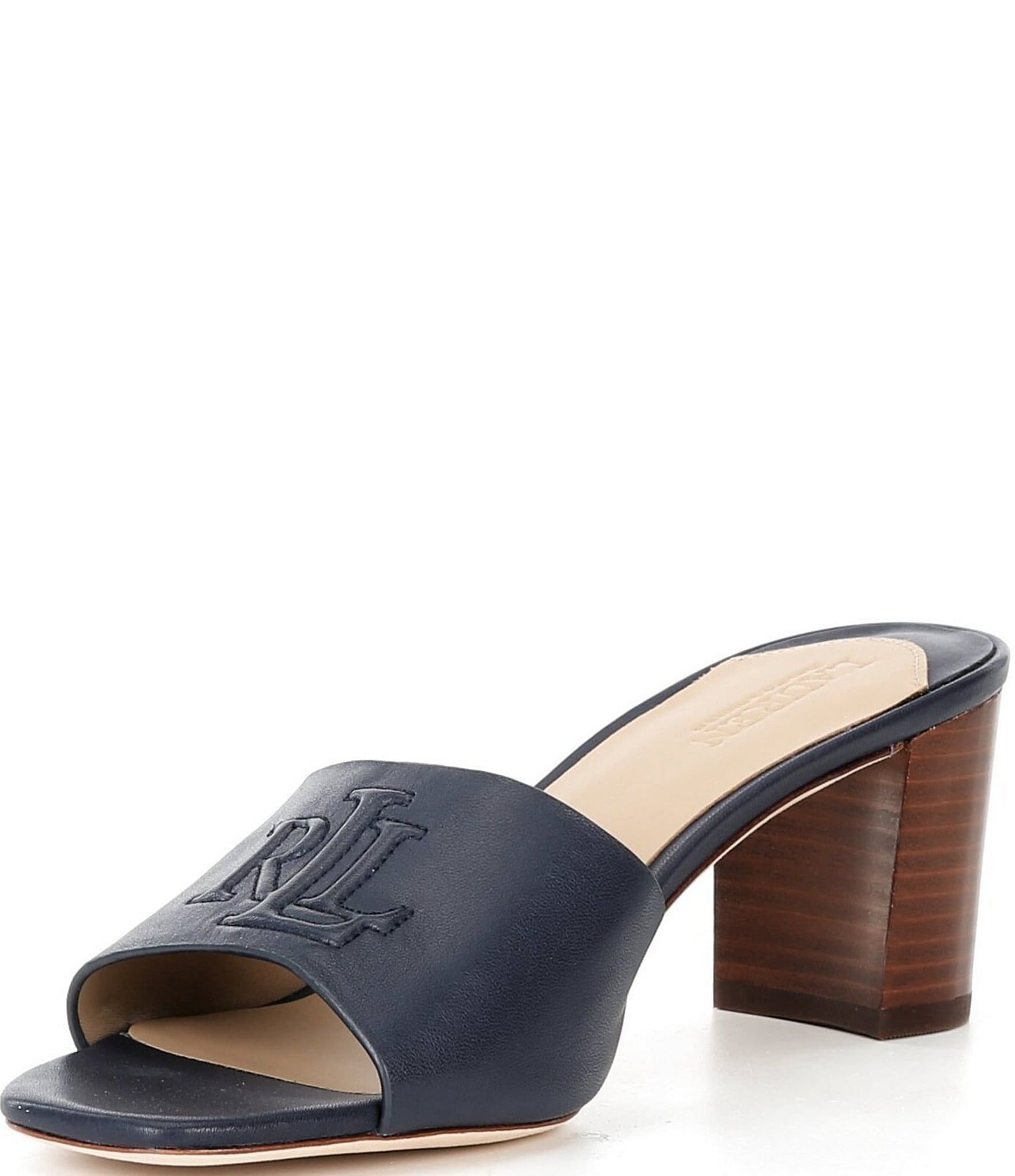 Lauren Ralph Lauren Everley Leather Signature Logo Block Heel Slide Sandals