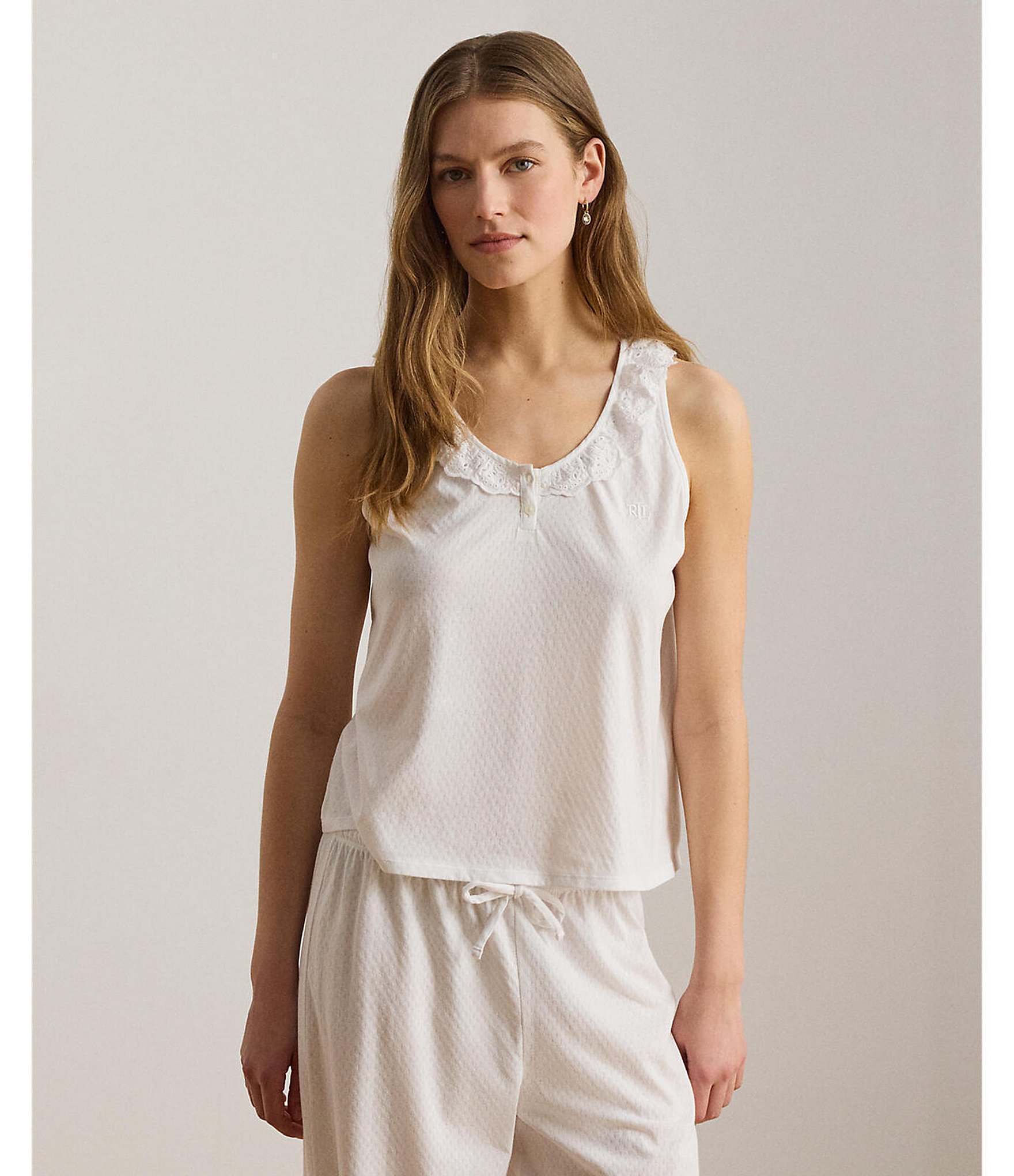 Lauren Ralph Lauren Eyelet Button Flutter Neck Ankle Pant Pajama Set