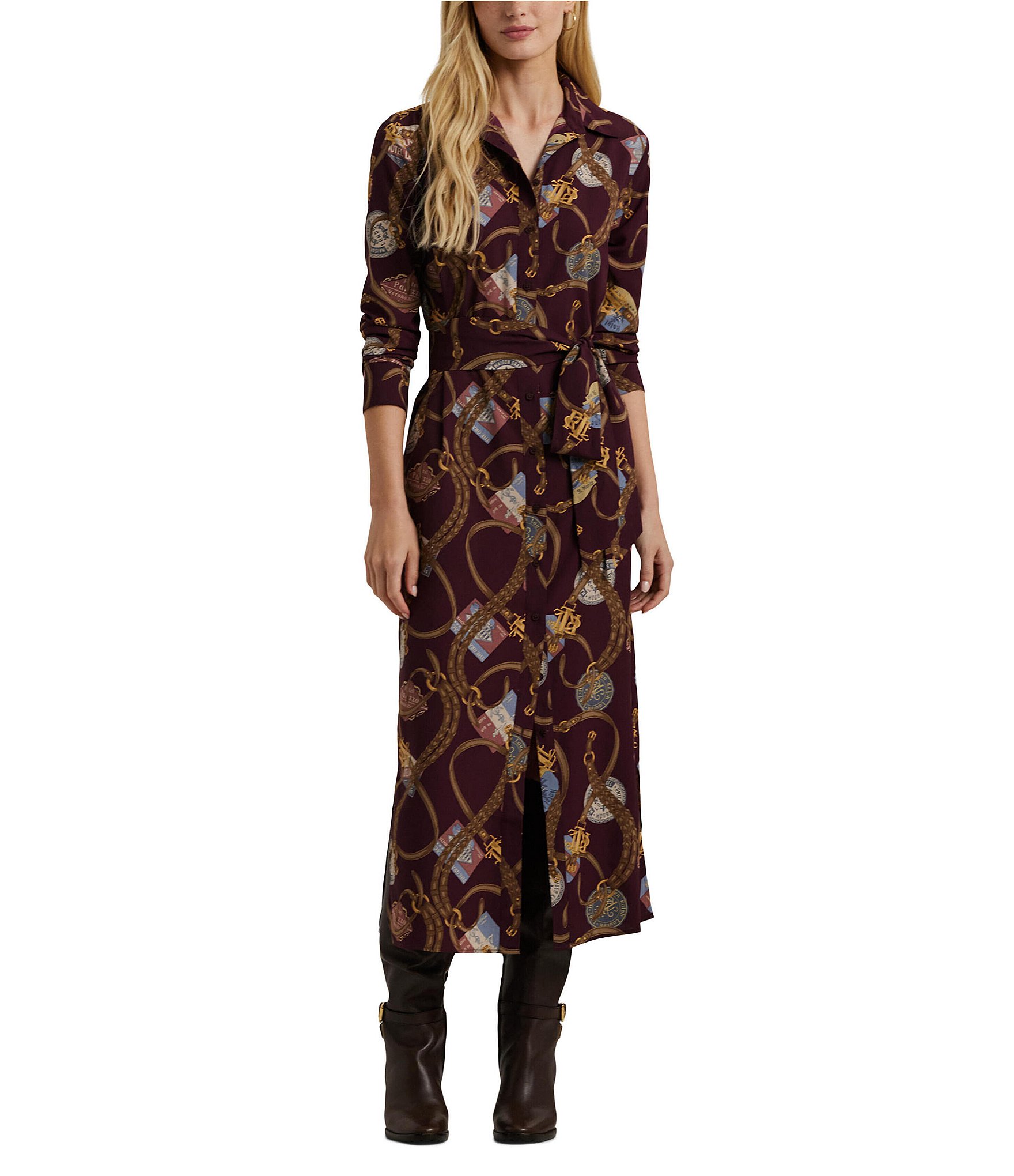 Lauren Ralph Lauren Crepe Belting-Print Long Sleeve Shirt