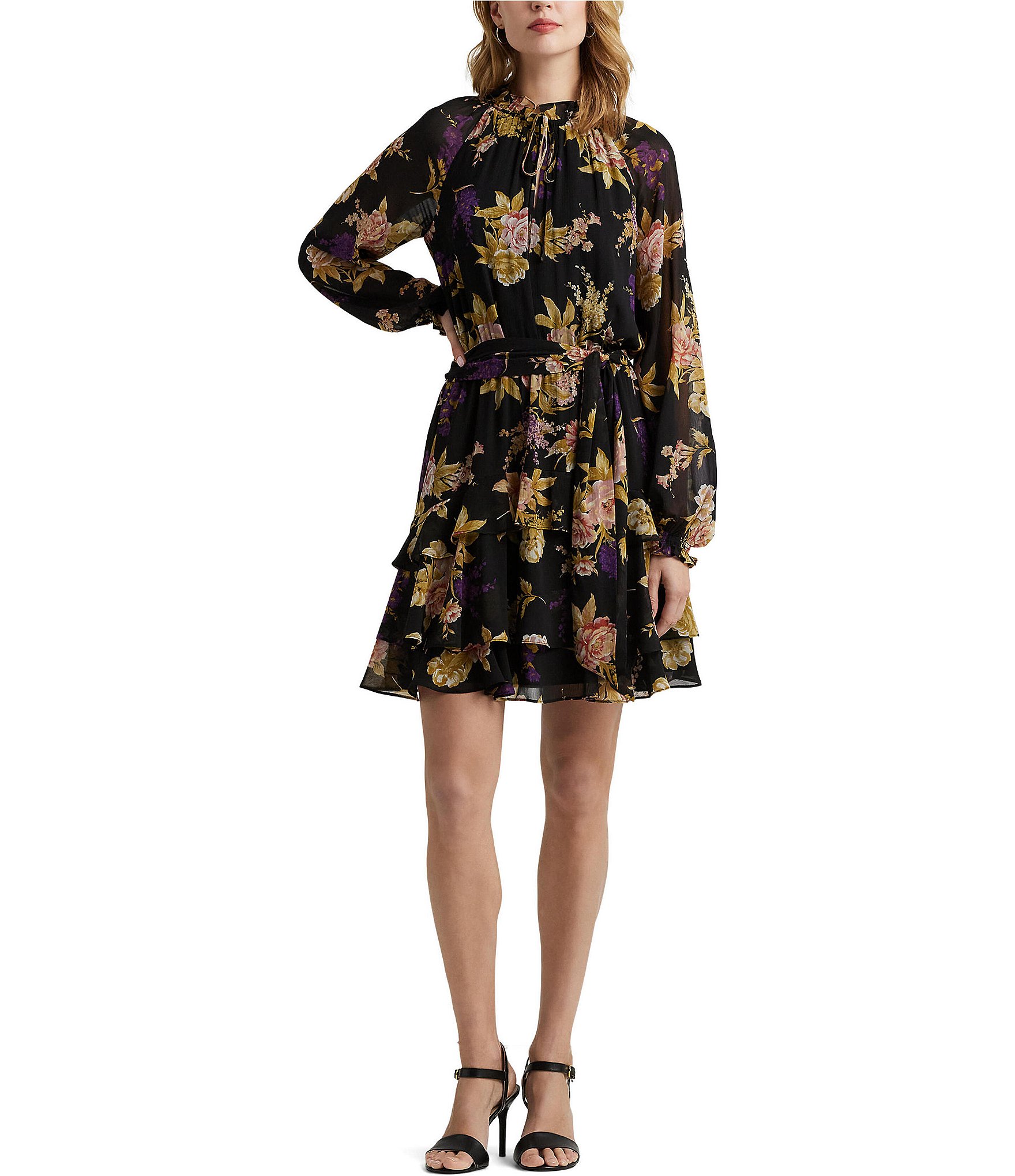 Lauren Ralph Lauren Floral Belted Georgette V Neckline Long Sleeve Dress |  Dillard's