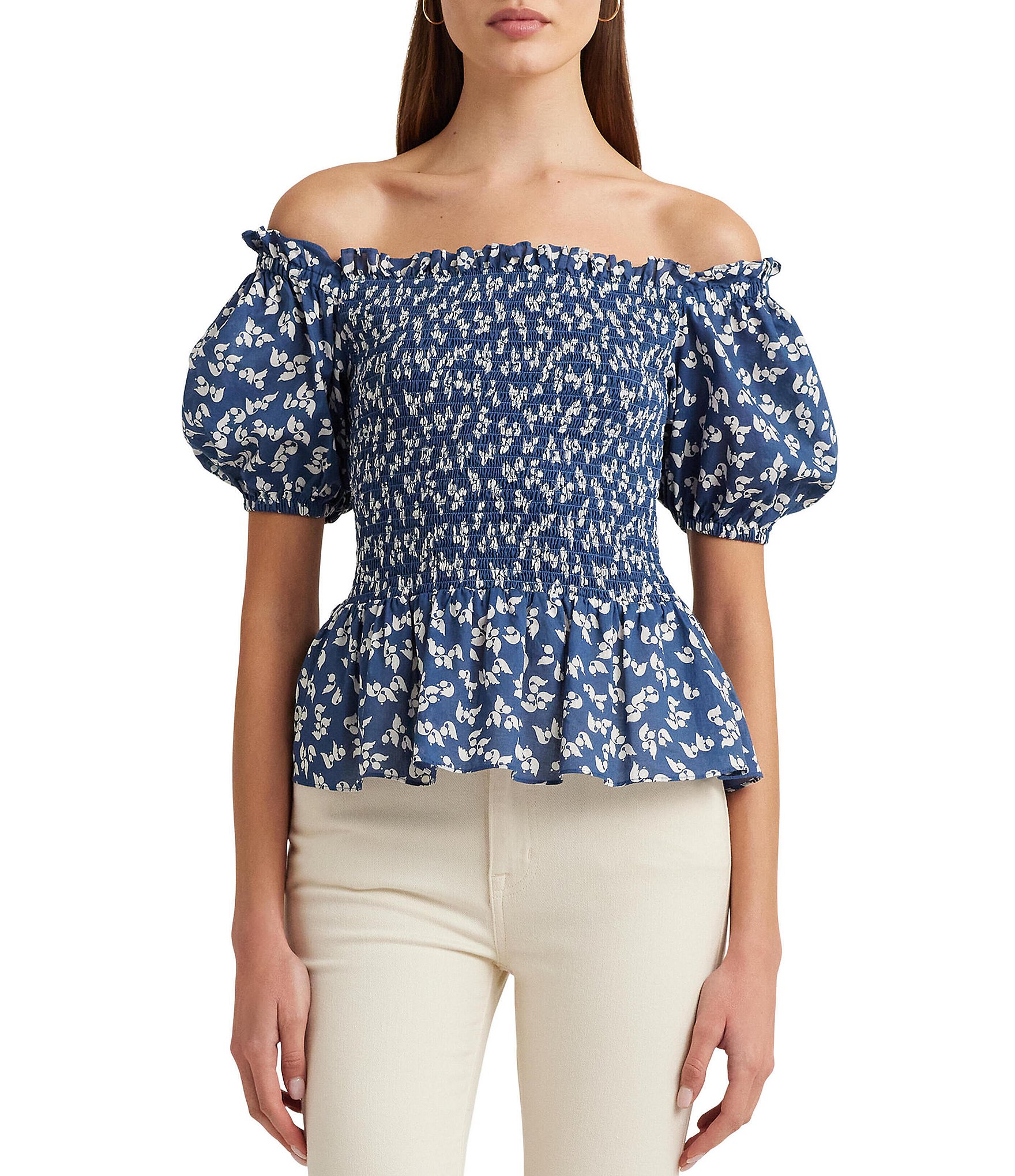 Lauren Ralph Lauren Floral Cotton Voile Puff Sleeve Peplum Blouse ...