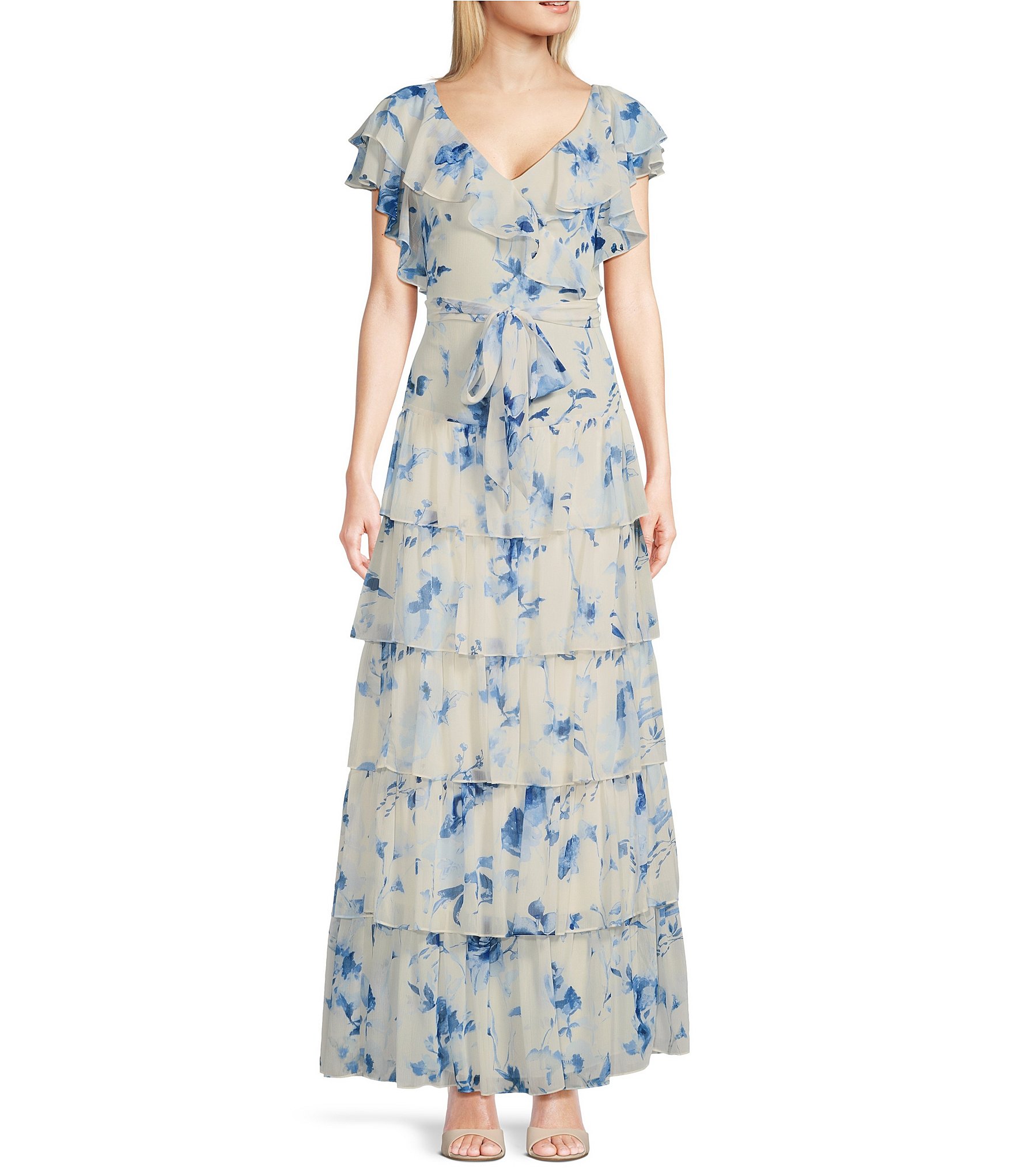 Lauren Ralph Lauren Floral Georgette V Neck Short Flutter Sleeve Tie Waist Tiered Dress Dillard s