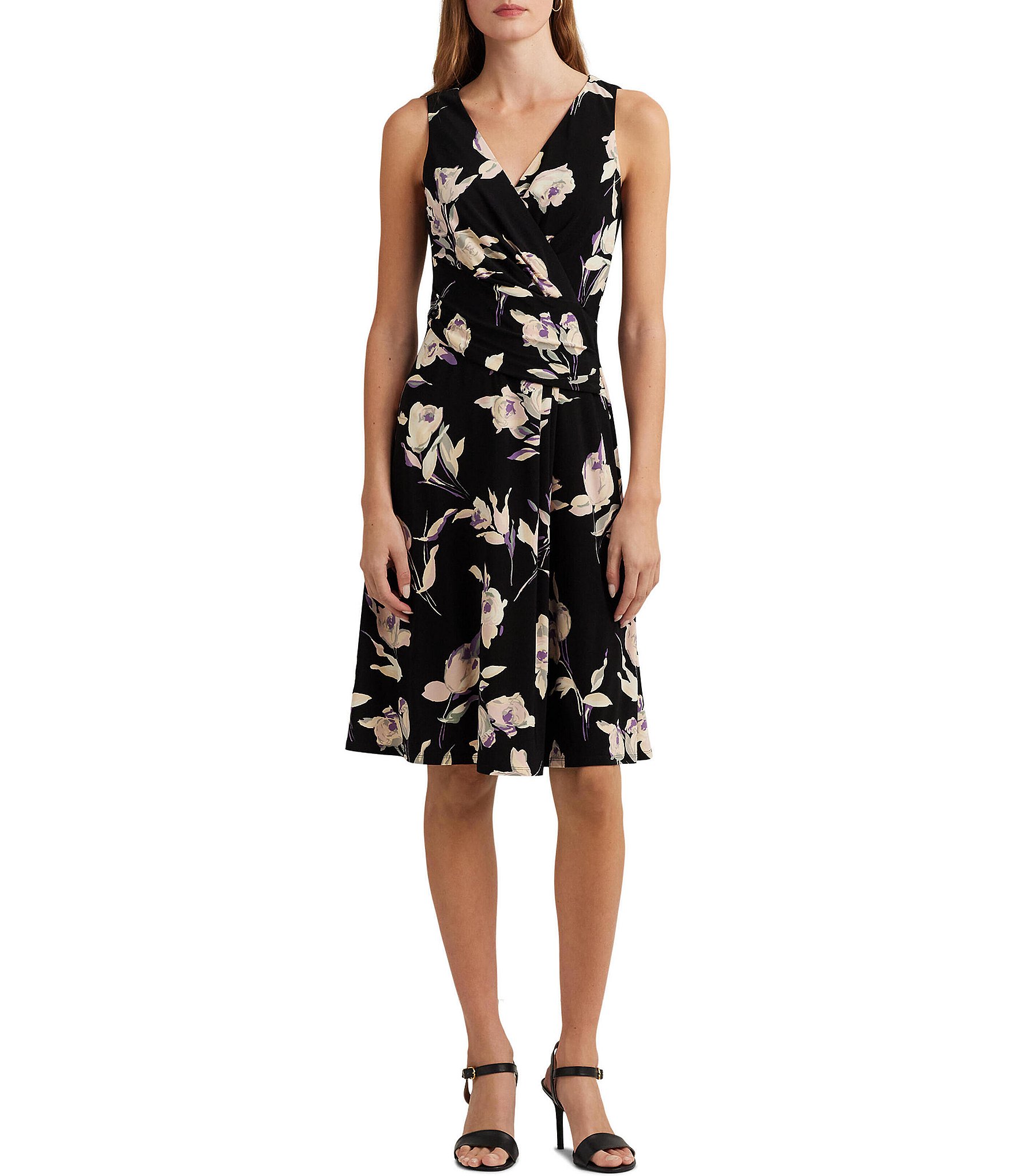 Lauren Ralph Lauren Floral Jersey Knit Surplice V-Neck Sleeveless Dress ...