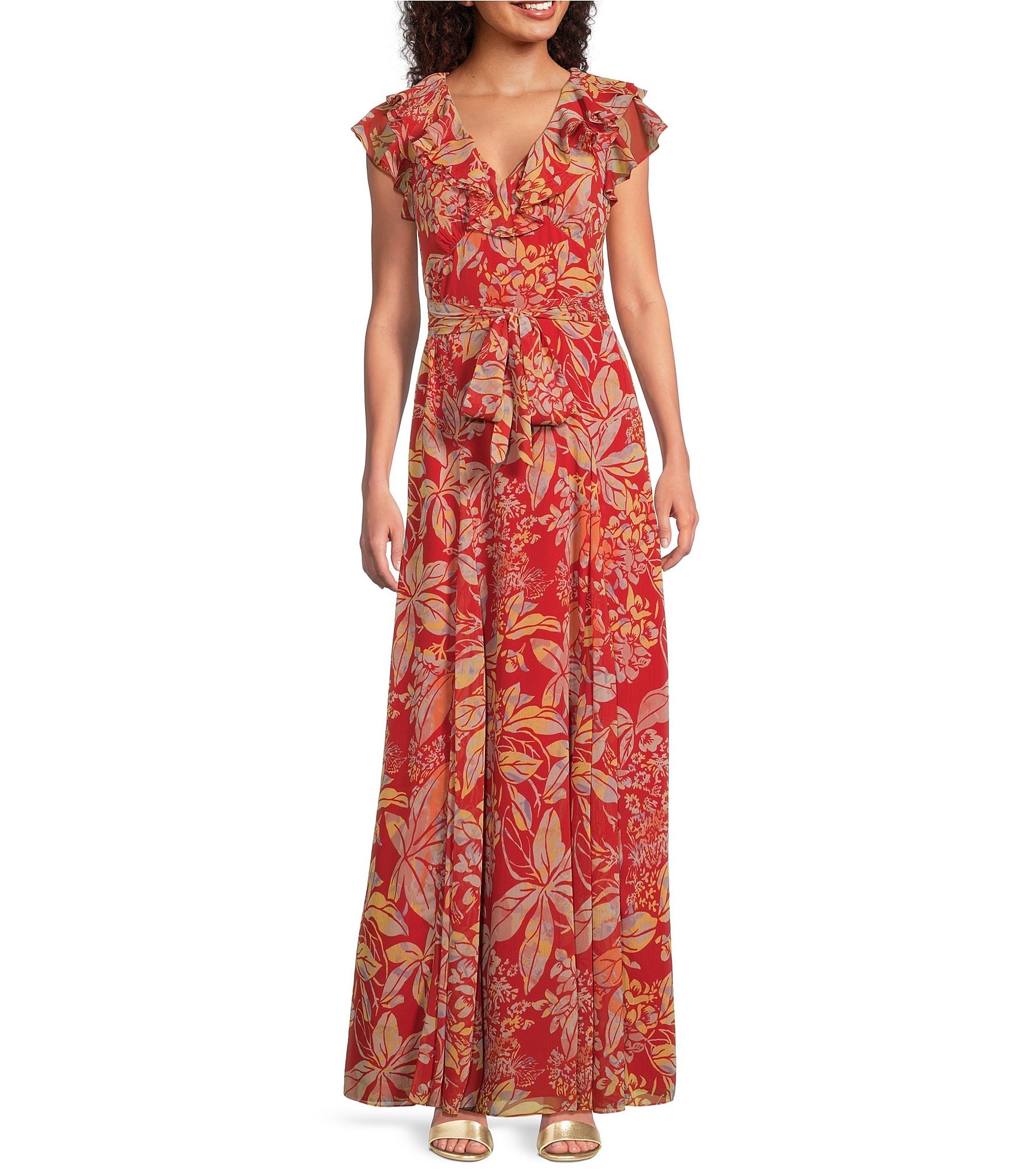 パーティードレス Floral Printed Georgette V-Neck Gown V Neck Floral Printed Georgette Maxi Dress | ESTCLMD-632